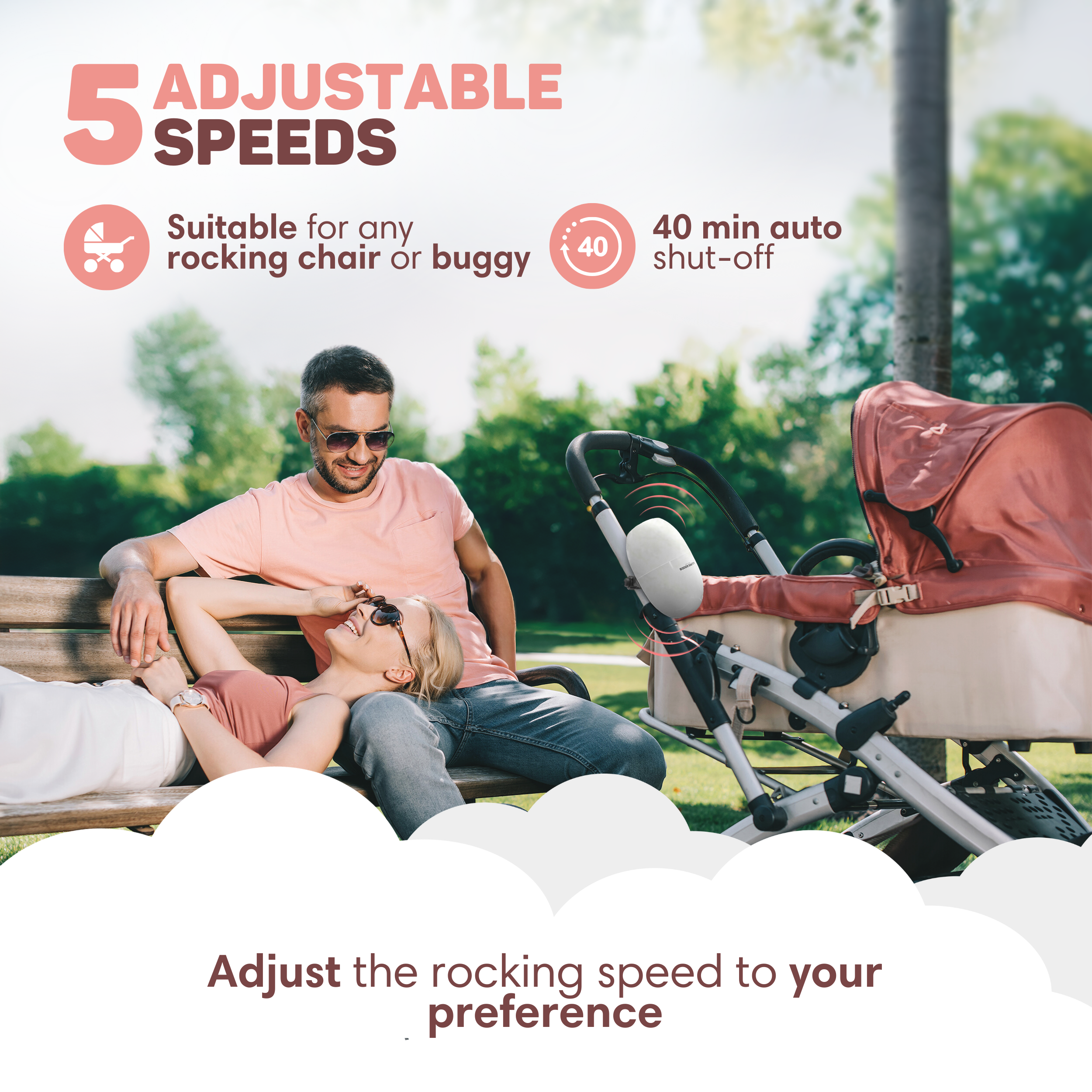 A couple sits on a bench next to a stroller, with text about speeds.