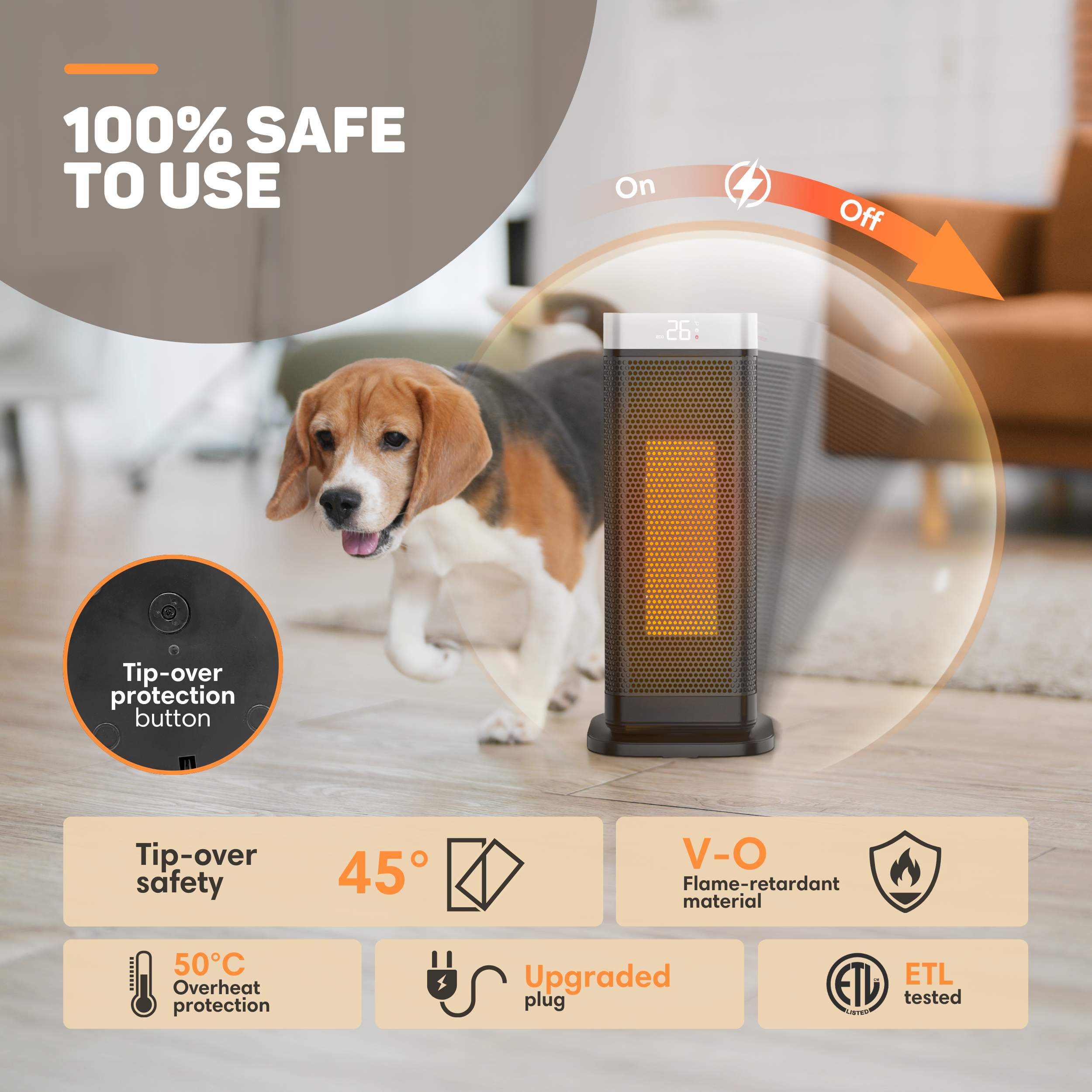 Ein Beagle-Welpe steht neben einem schwarzen Heizlüfter mit beleuchtetem Bedienfeld.