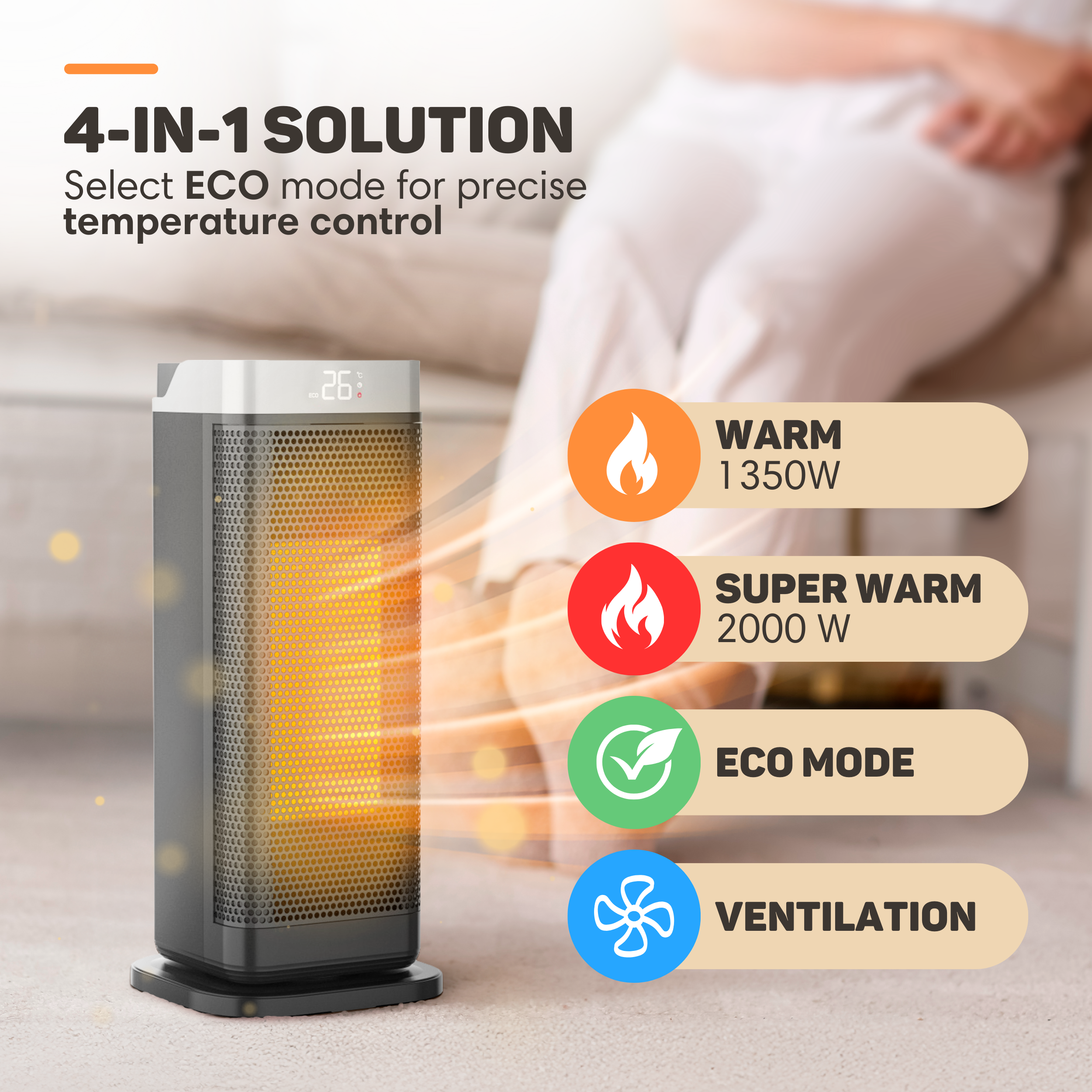 Ein Heizlüfter mit 4 Modi: Warm, Super Warm, Eco und Lüftung. Anzeige von 26°C.