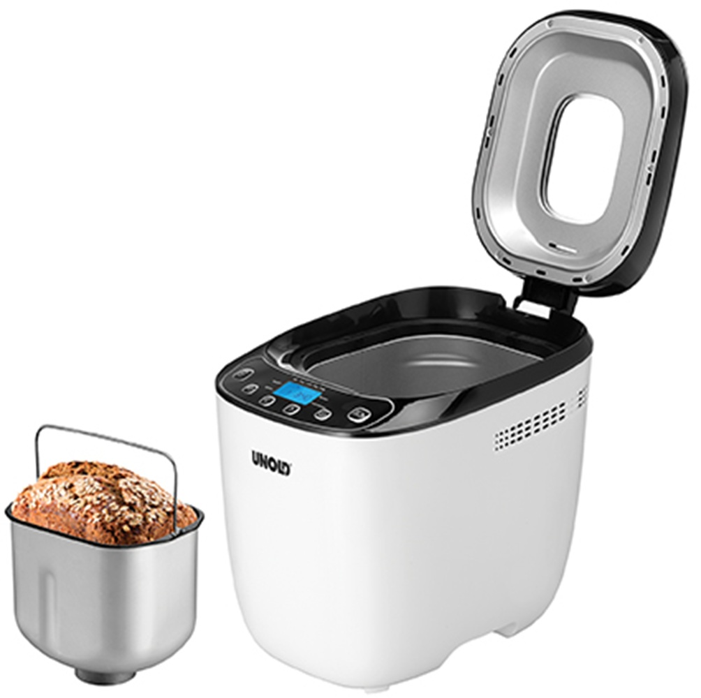Ein weißer Brotbackautomat mit geöffnetem Deckel und einer Backform mit Brot.