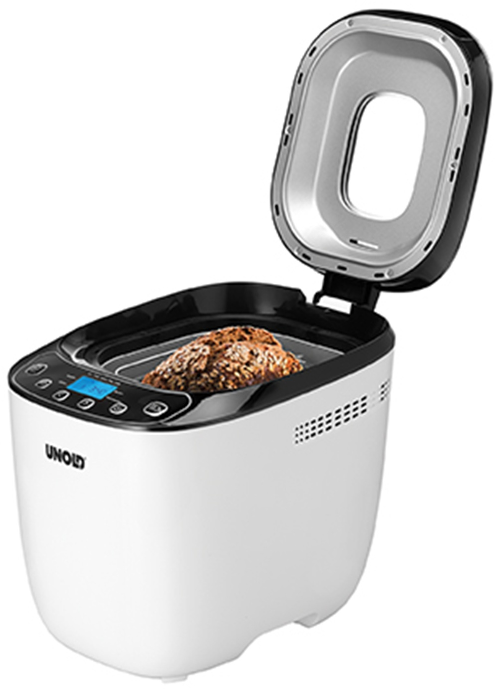Ein weißer Brotbackautomat mit offenem Deckel und gebackenem Brot im Inneren.