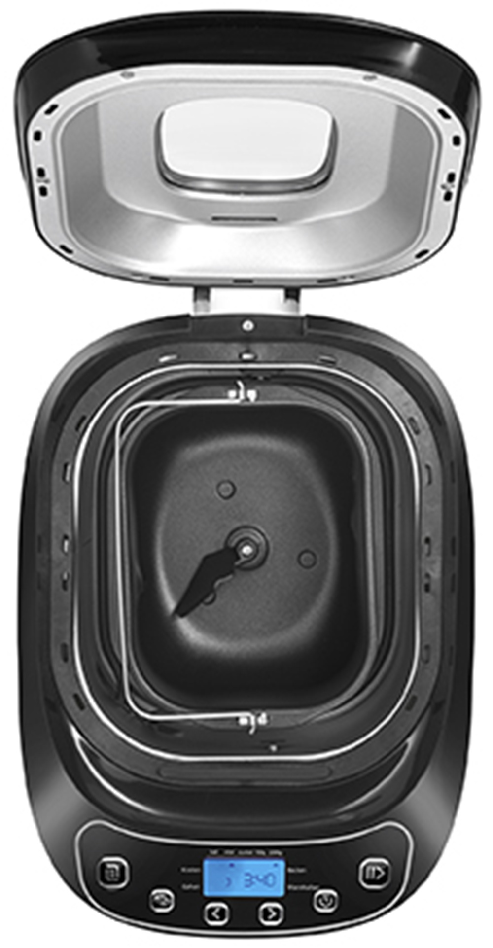Ein schwarzer Brotbackautomat mit geöffnetem Deckel und digitaler Anzeige.