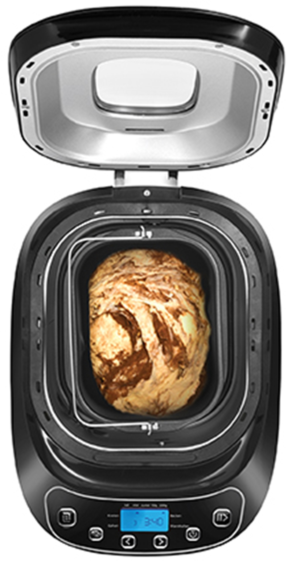 Ein offener schwarzer Brotbackautomat mit einem Laib Brot darin.