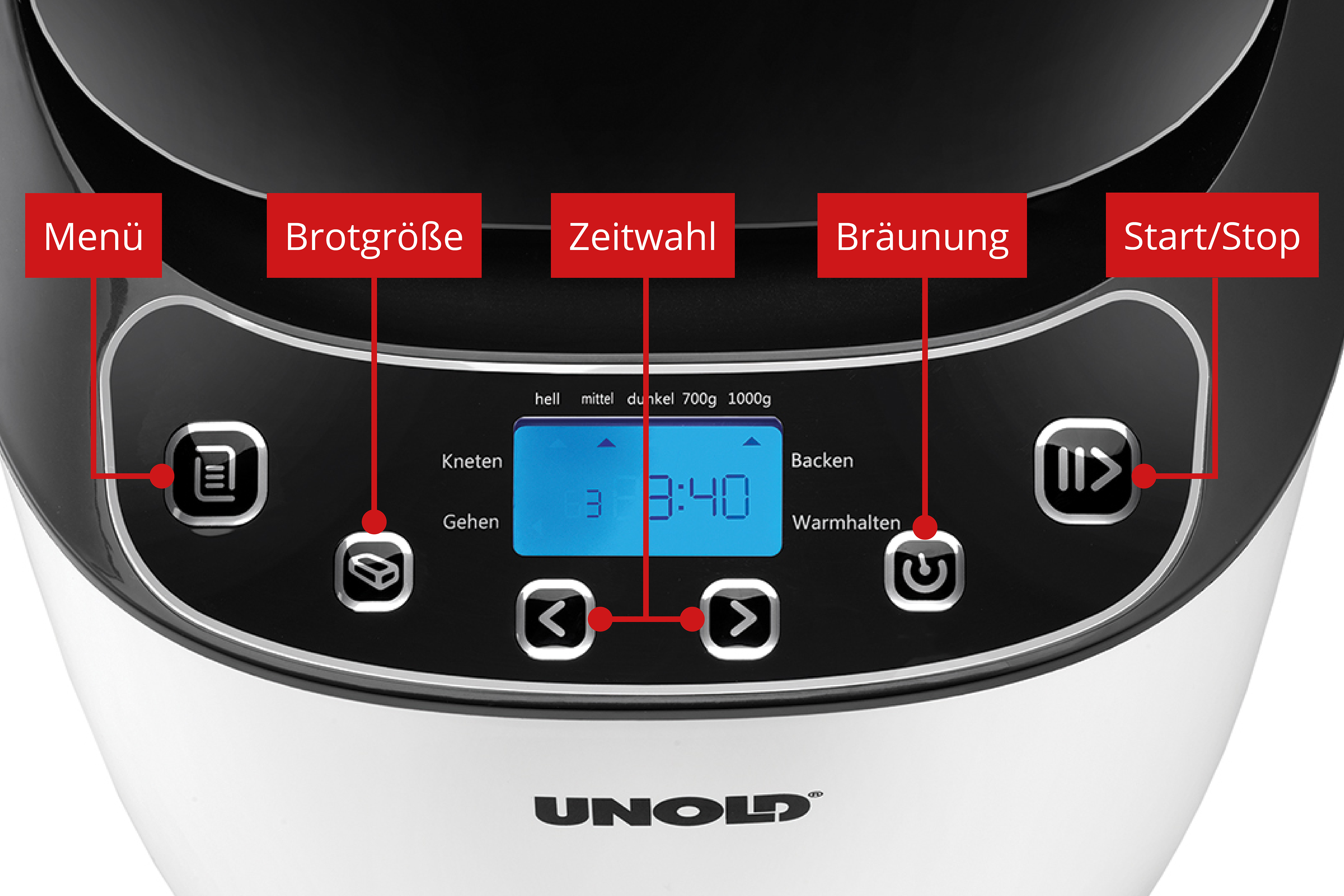Bedienfeld eines Brotbackautomaten mit digitalen Anzeigen und Tasten.