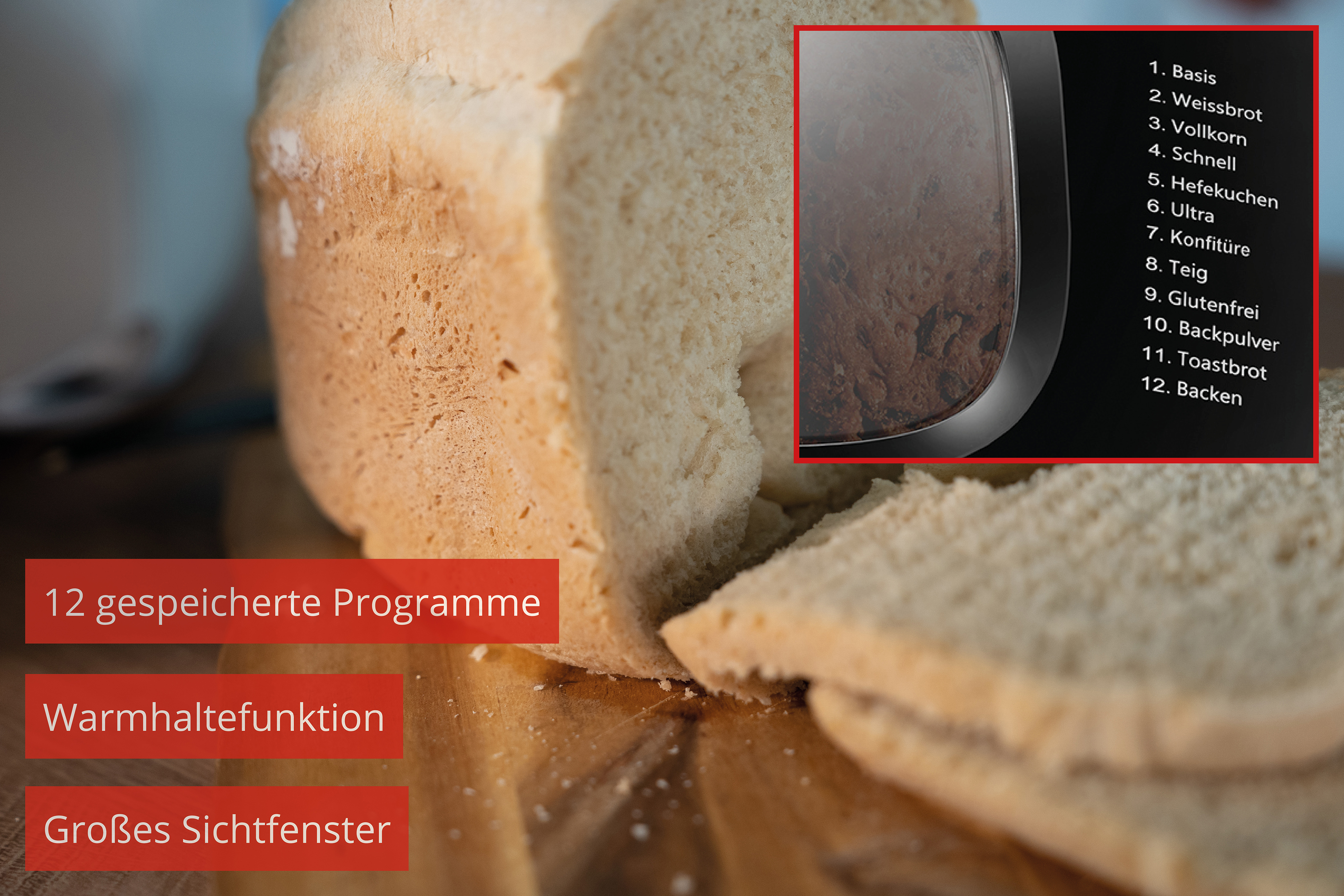 Brotbackautomat mit 12 Programmen, Warmhaltefunktion und Sichtfenster.