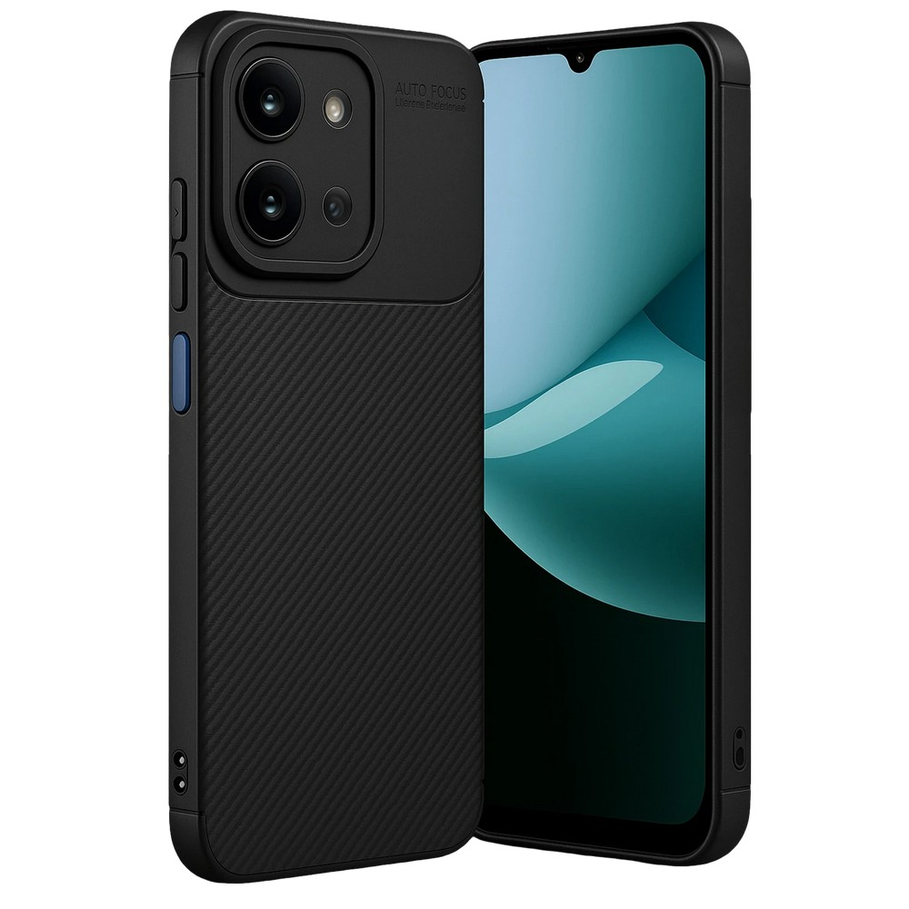 Karbon desenli siyah telefon kılıfı, yanında kamera açıklığı.