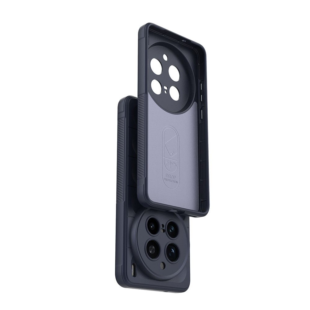 Kamera alanı ve düşme koruması logosu gösteren koyu gri telefon kılıfı.