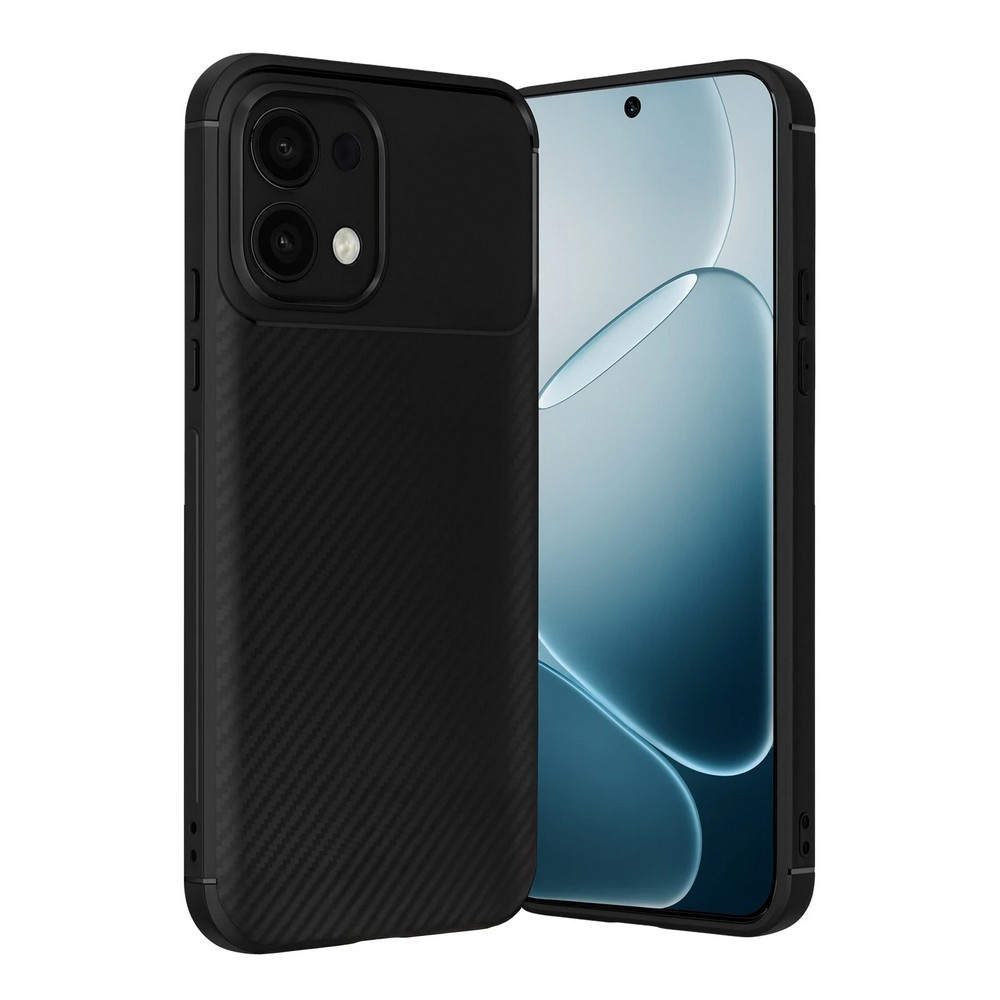 Karbon desenli kılıflı siyah telefon, yanında mavi arka plan grafikli telefon.