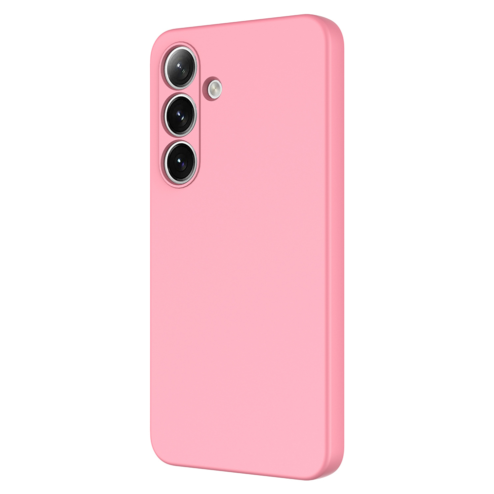 Üç kamera lensi ve flaşlı pembe telefon kılıfı.