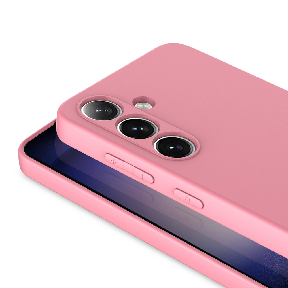 Üç kameralı ve ses düğmeli pembe telefon kılıfı.
