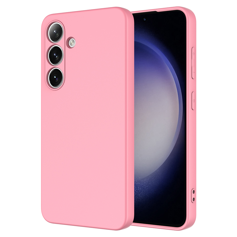 Üç kameralı pembe telefon kılıfı ve mavi arka planlı bir telefon.