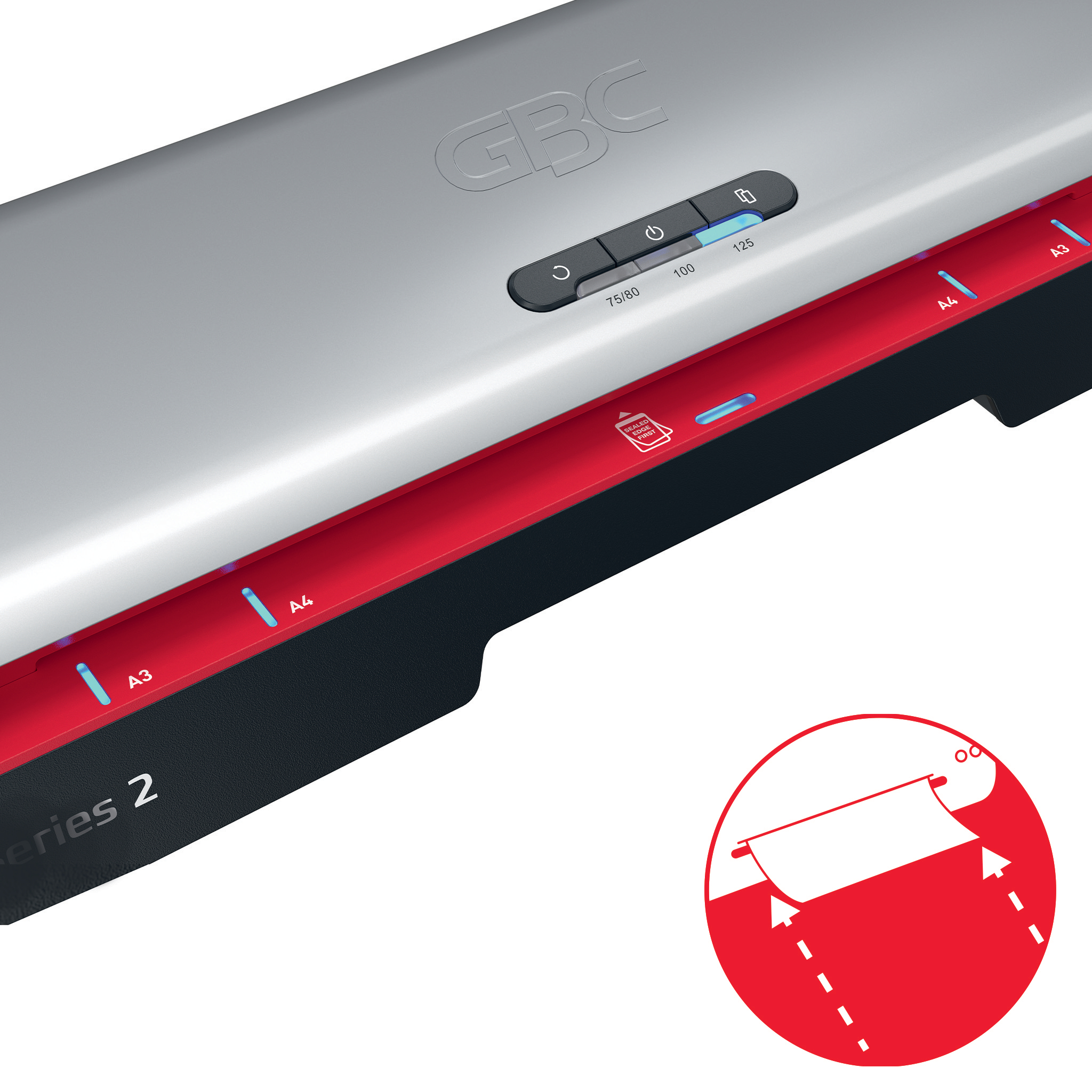 Plastificatrice GBC argentata con bordo rosso e pulsanti di controllo.