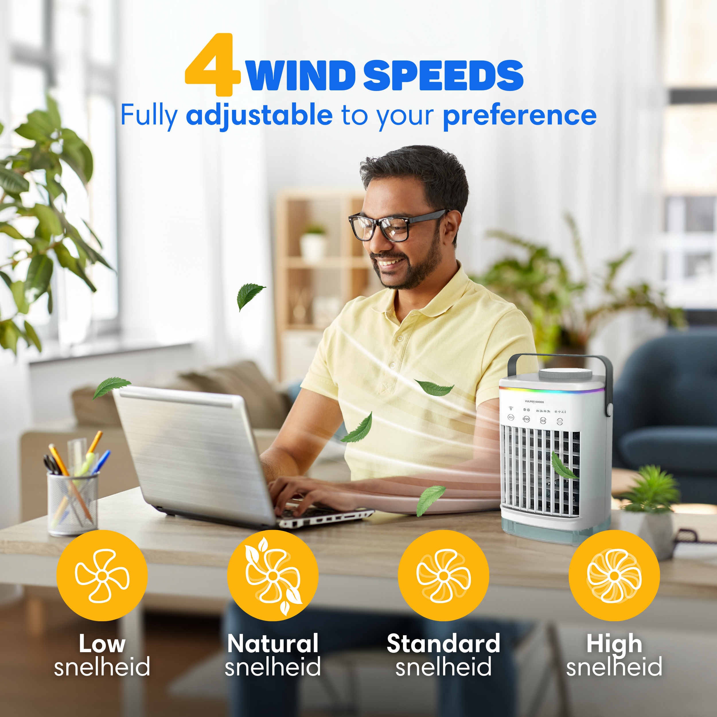 Man at laptop with portable fan; 4 wind speeds shown.
