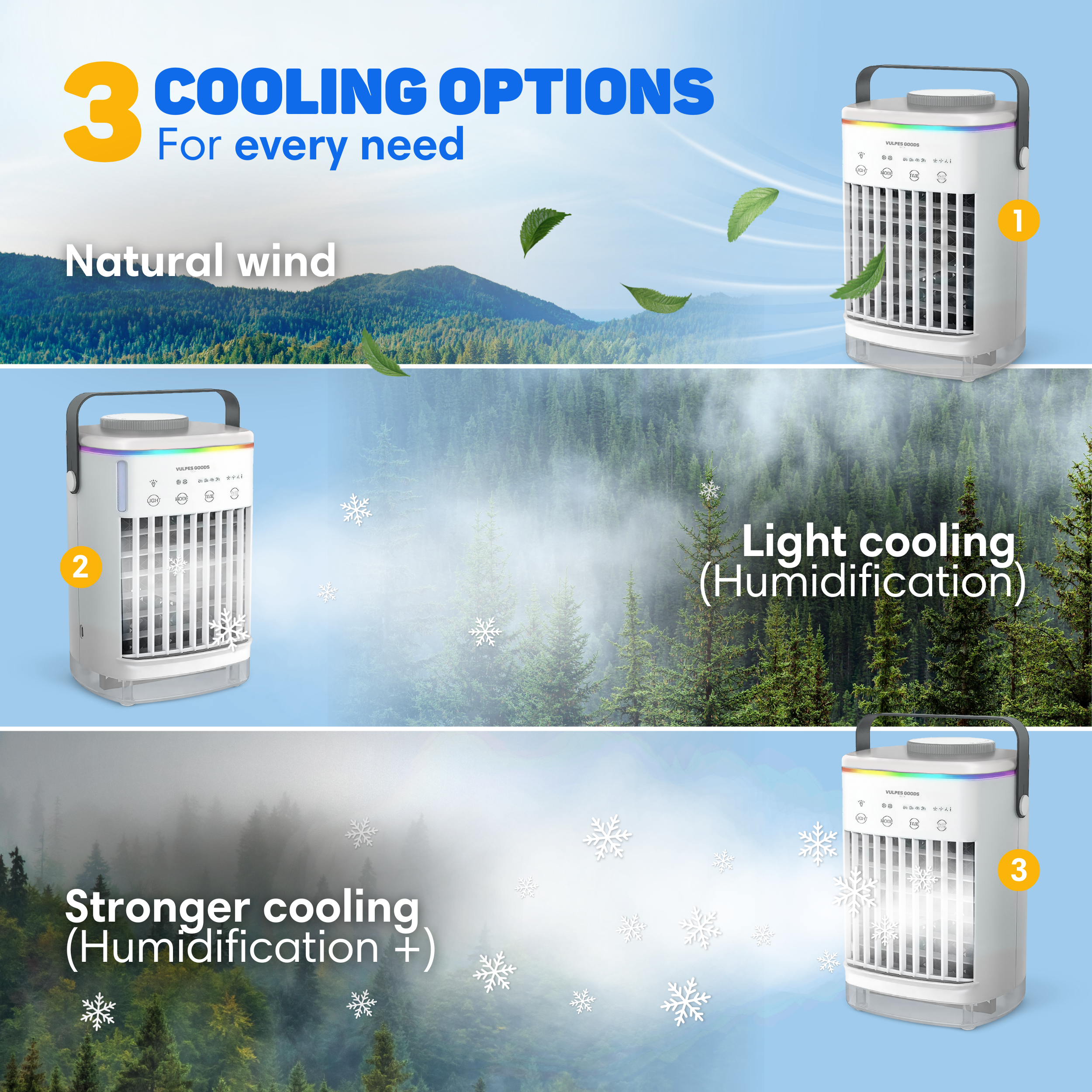 3 cooling options: Natural wind, Light cooling (Humidification), Stronger cooling (Humidification+).