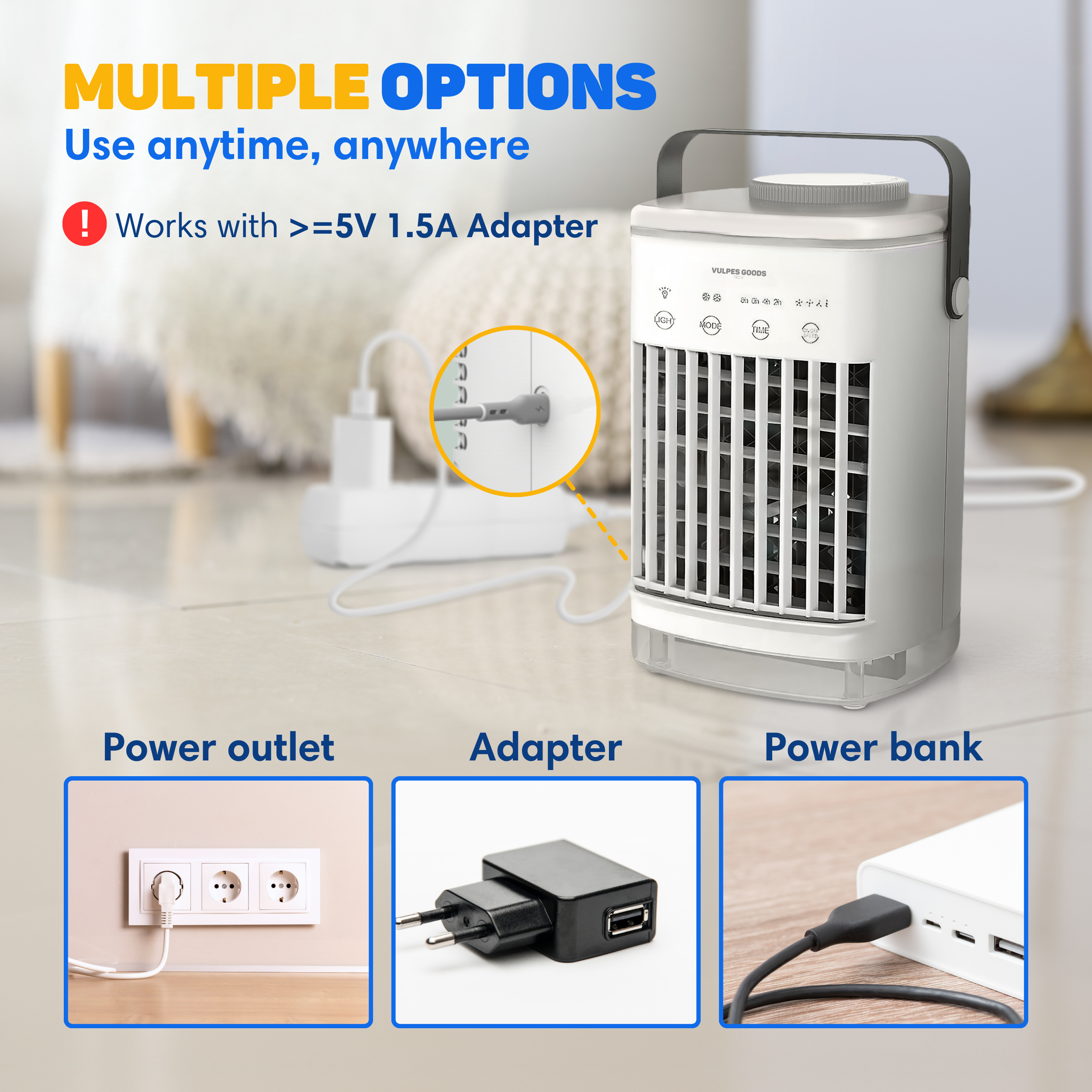 A portable cooler with multiple power options: outlet, adapter, power bank.