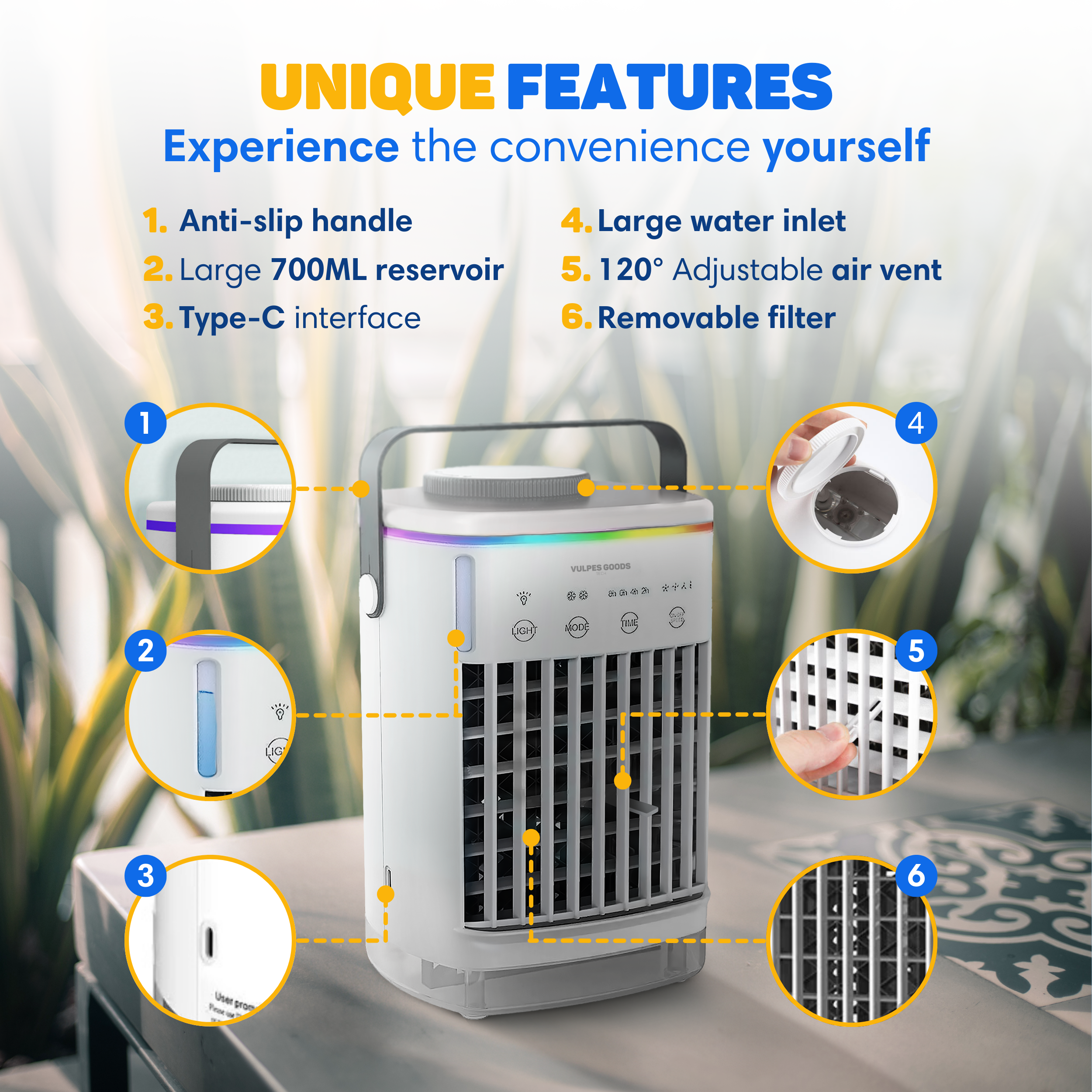 A white evaporative cooler with a reservoir, controls, and colorful lighting.