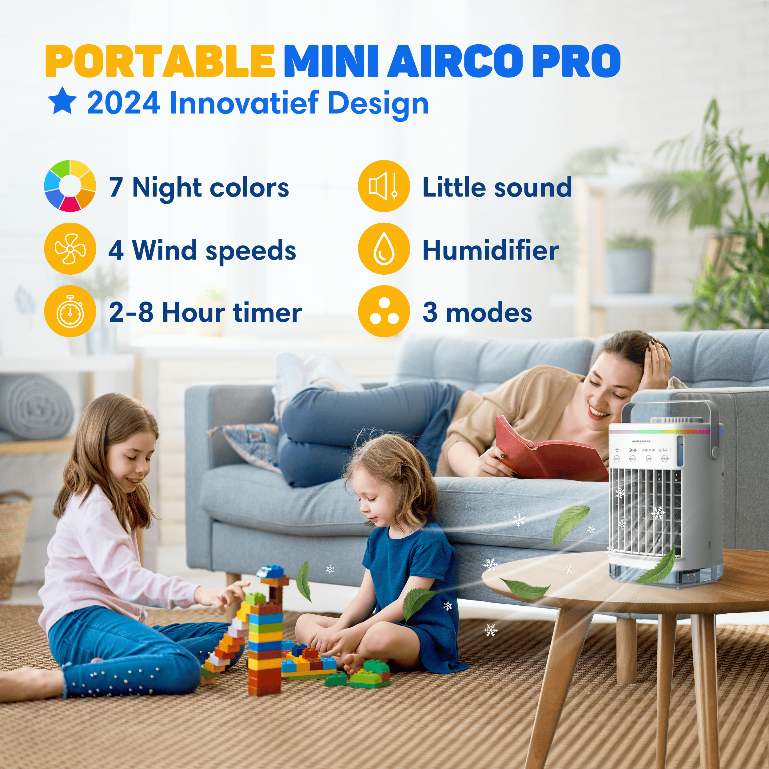 Portable mini air cooler with 7 night colors, 4 speeds, 2-8 hr timer, little sound, humidifier, 3 modes.