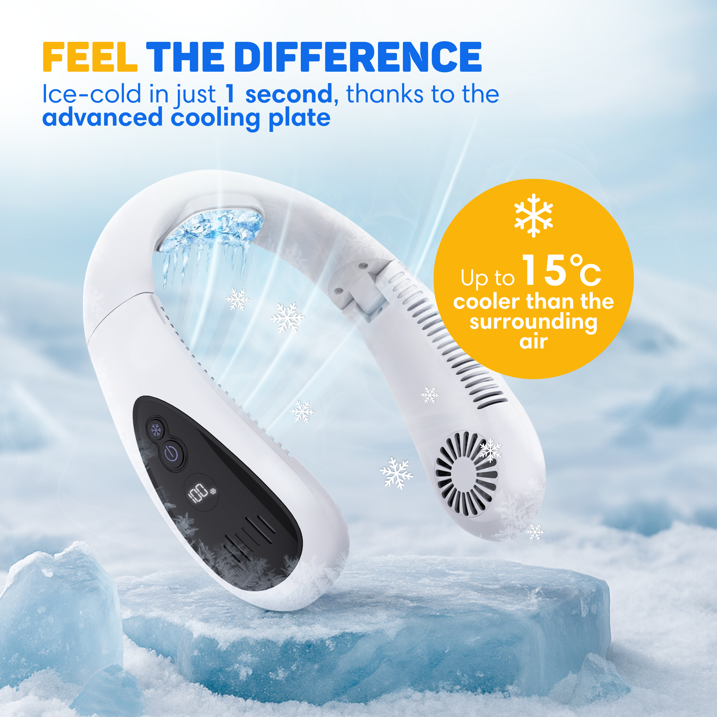 A white neck fan on ice, offering cooling up to 15°C below ambient air.