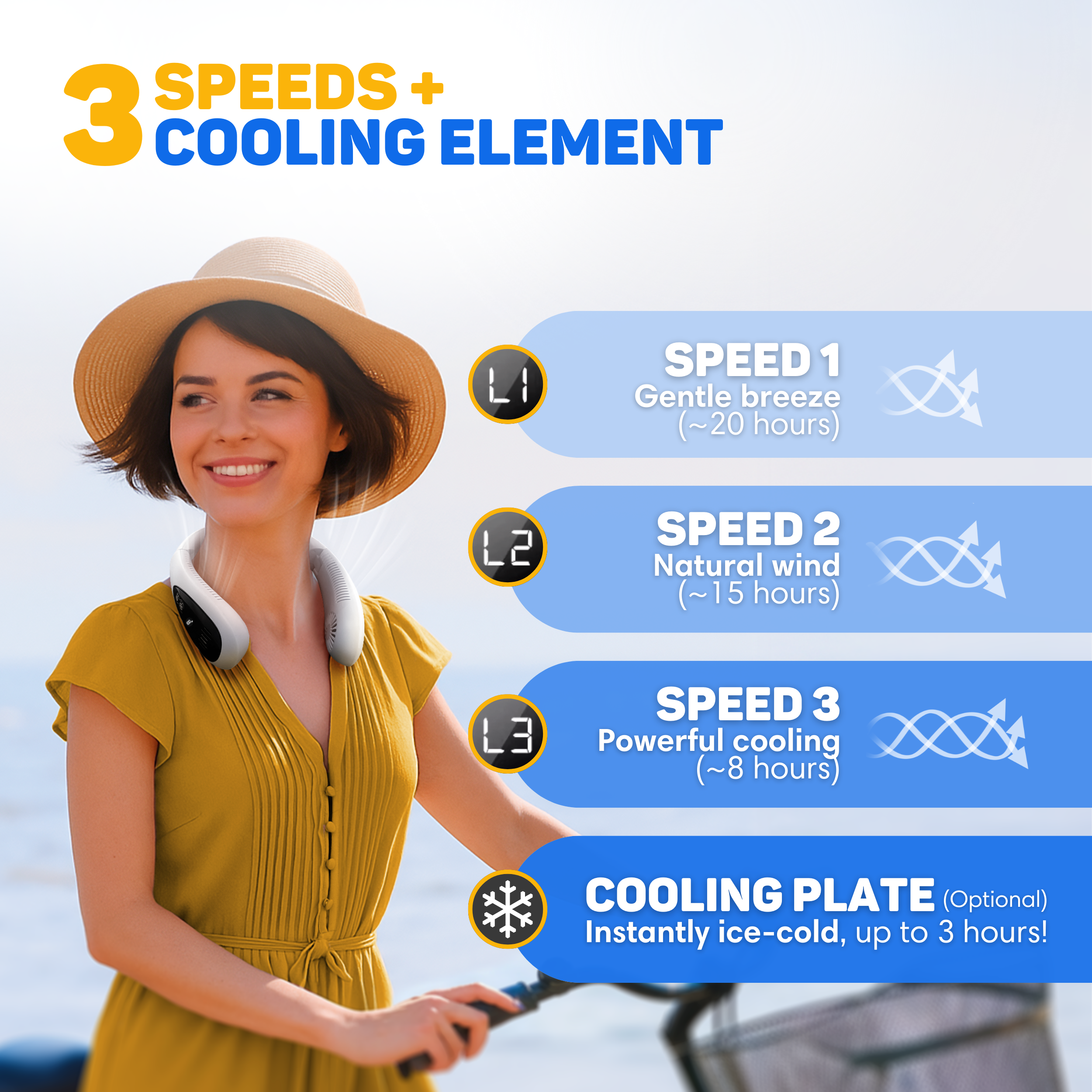 Woman with neck fan: 3 speeds, cooling plate. Gentle breeze.
