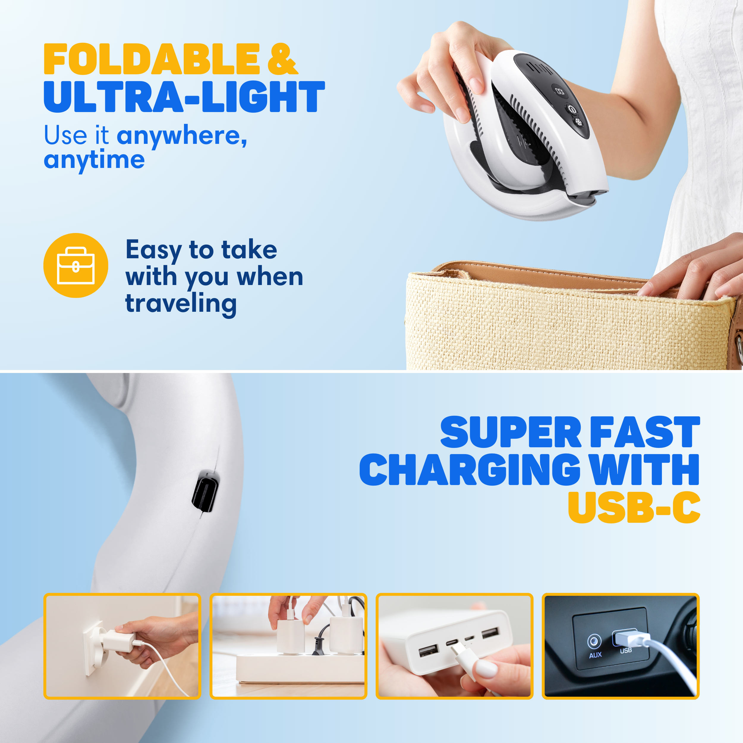 Foldable, ultra-light device charges fast via USB-C, easy for travel.