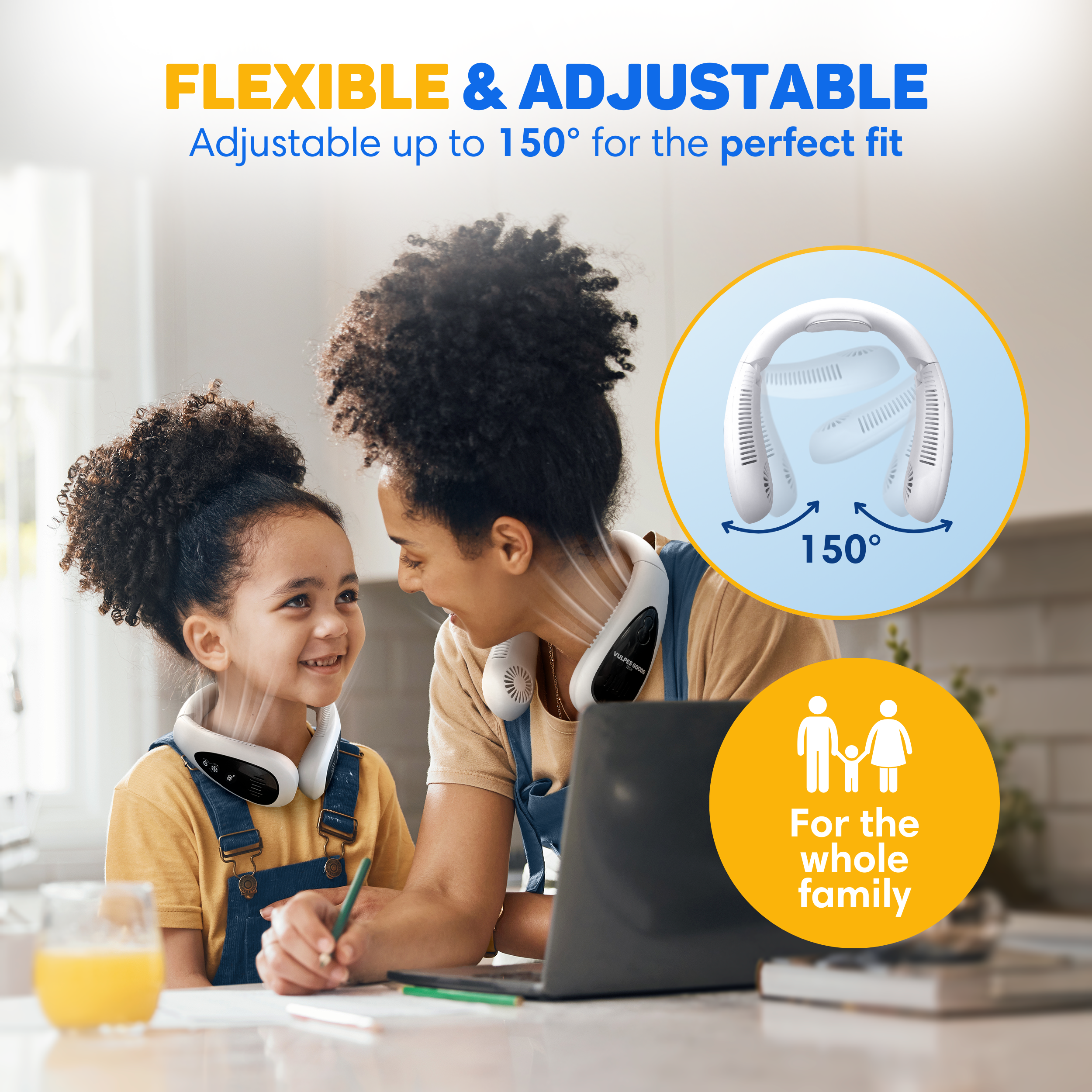 Woman and child wear neck fans, adjustable up to 150 degrees.