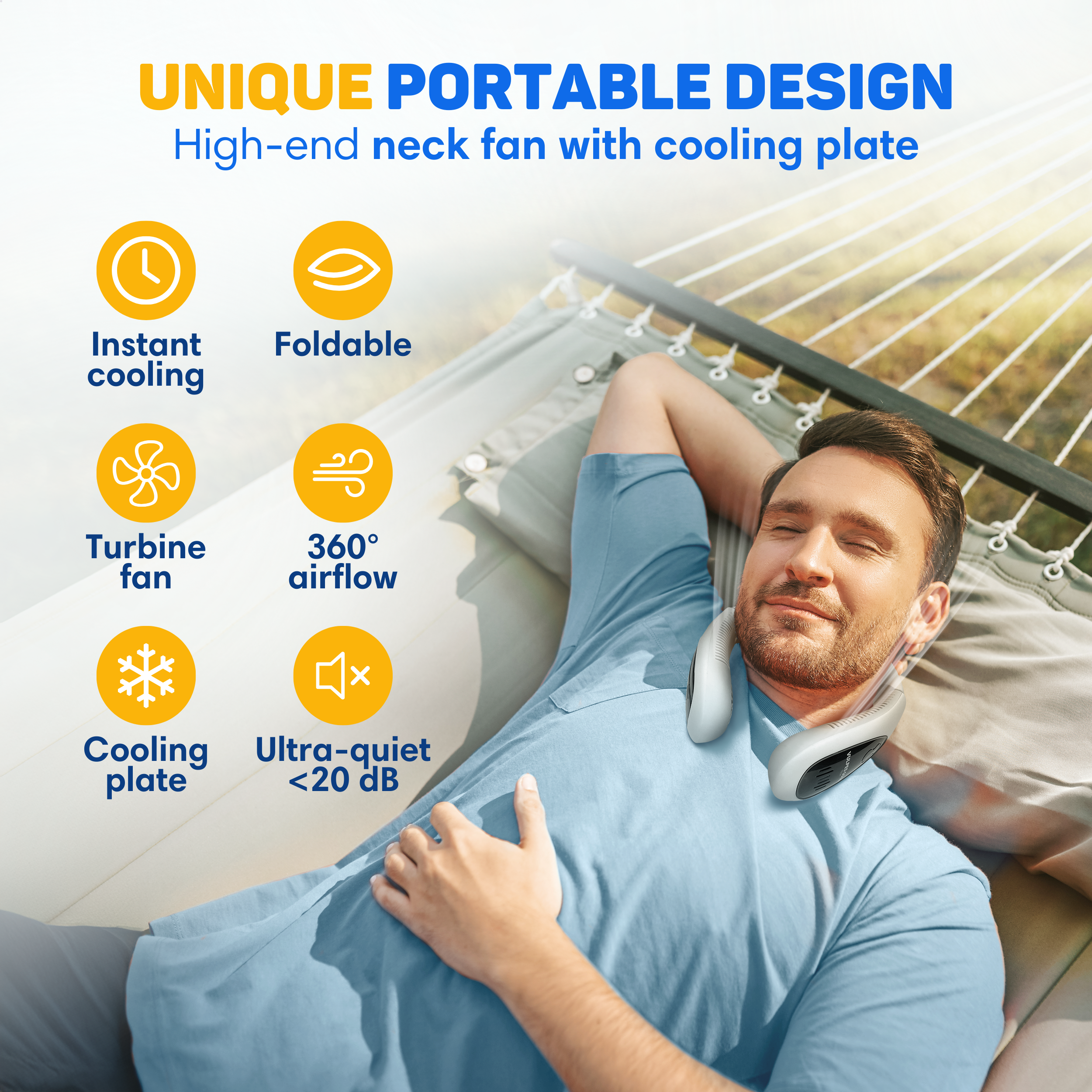 Man relaxing in hammock with neck fan, featuring icons for cooling features.