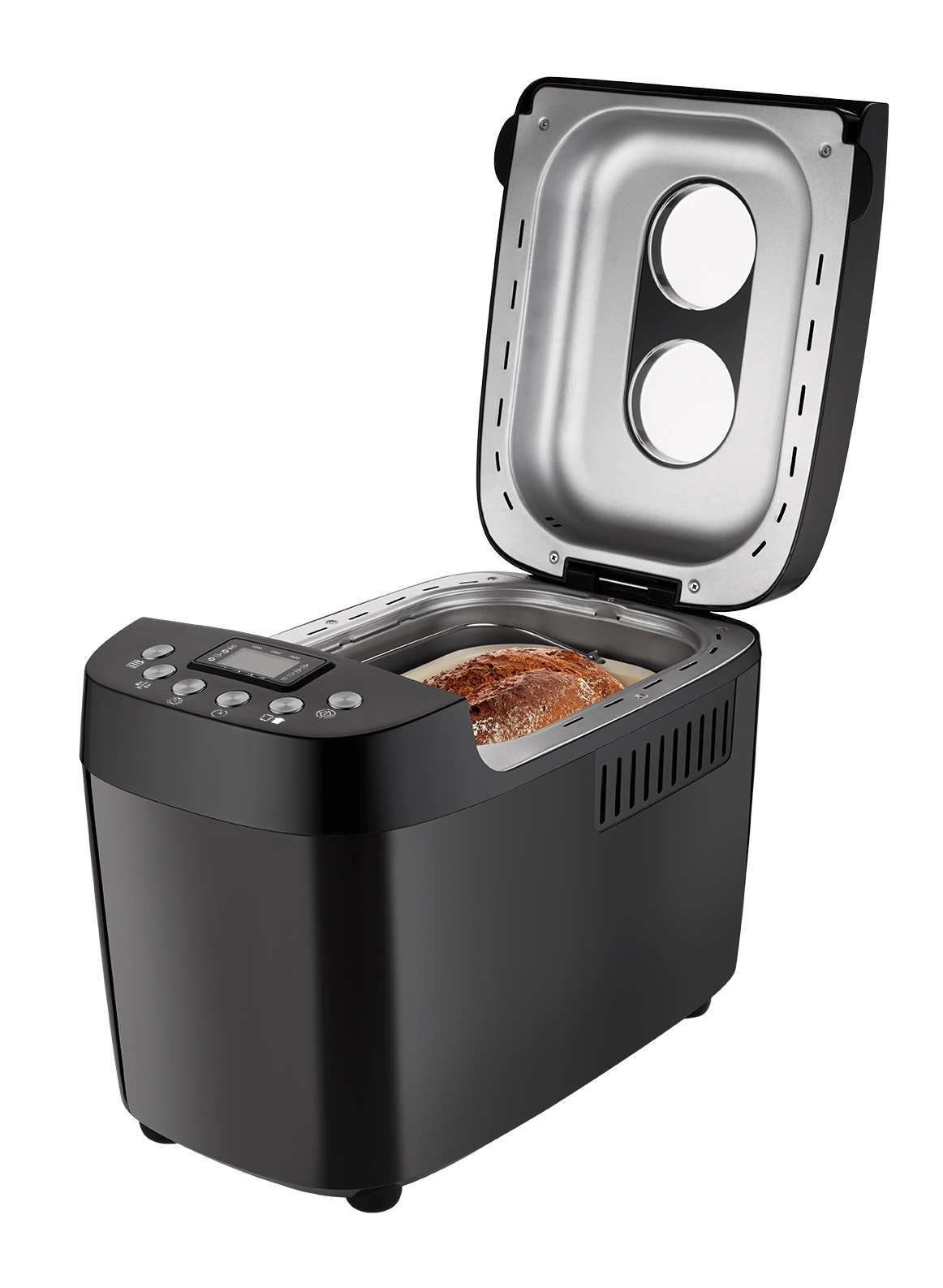 Czarna maszyna do chleba z otwartą pokrywą, zawierająca bochenek.