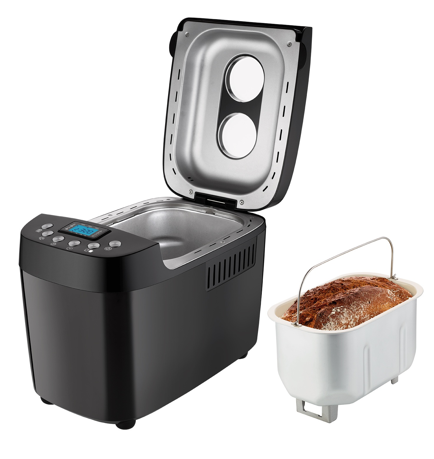 Czarny wypiekacz do chleba z otwartą pokrywą, obok formy z upieczonym bochenkiem.