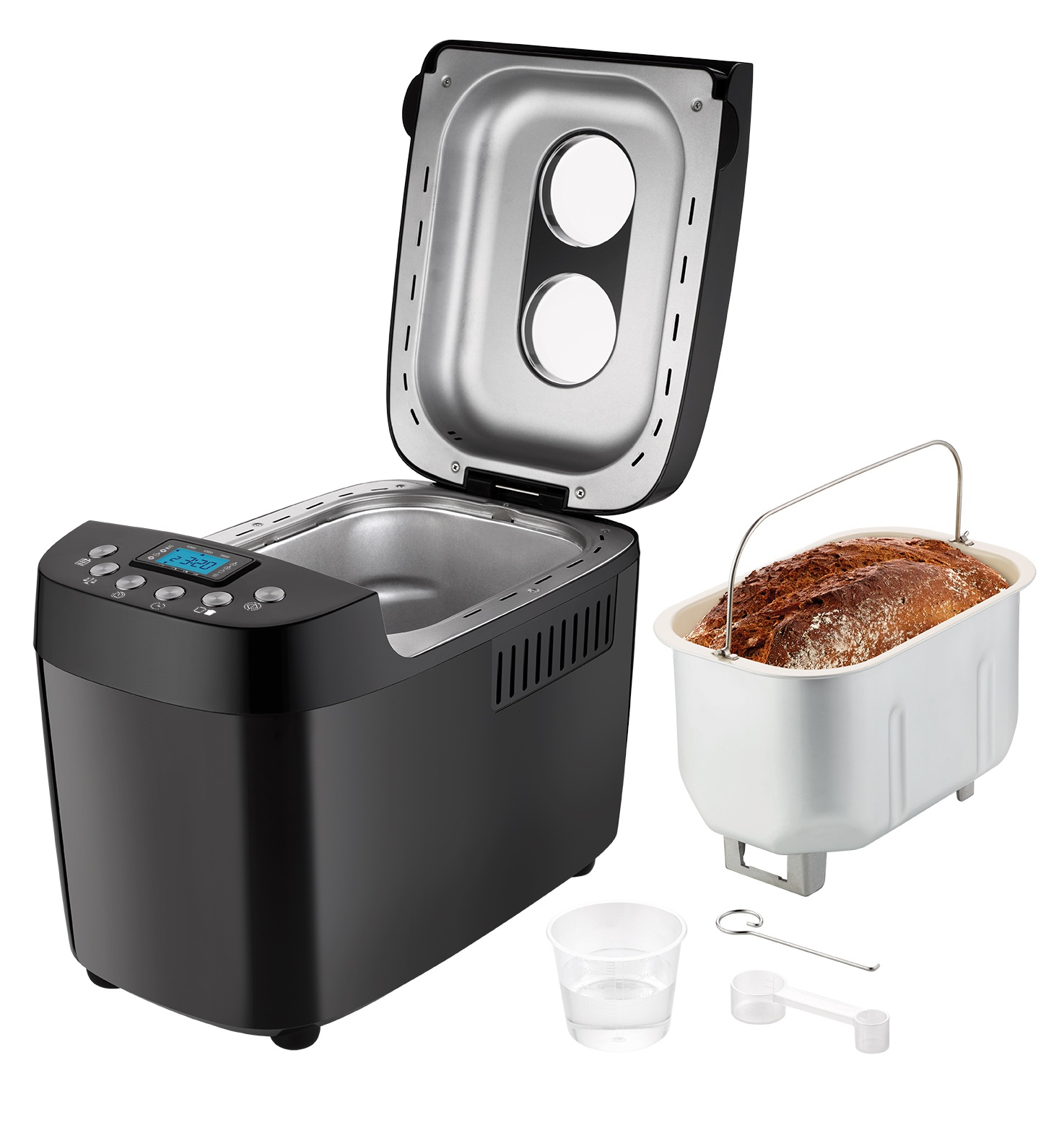 Czarna maszyna do chleba z otwartą pokrywą, obok forma do pieczenia z chlebem.