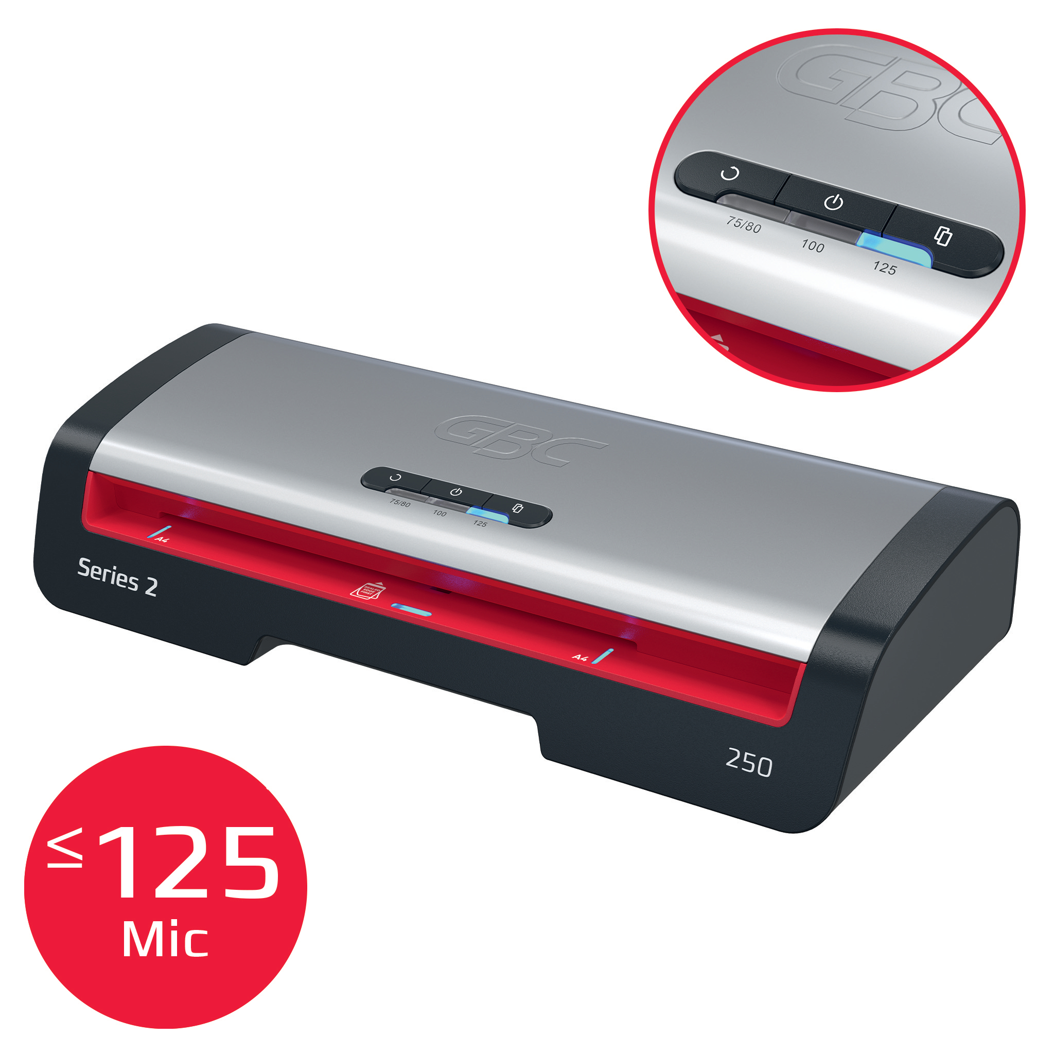 Plastificatrice GBC Serie 2 con accenti rossi e controlli. Max 125 Mic.