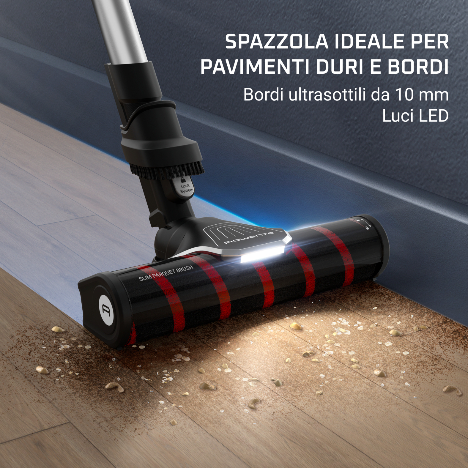 Brosse aspirateur avec lumière LED nettoie parquet et bords.
