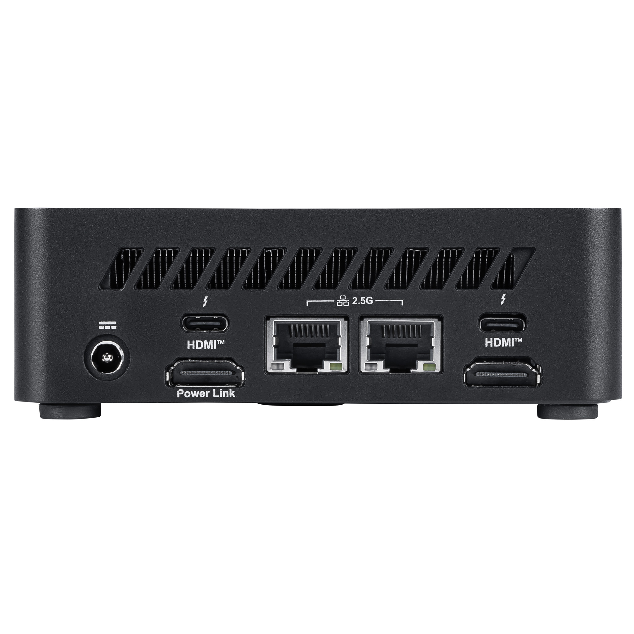 Czarny mini PC z portami: zasilanie, 2x HDMI, 2x LAN, 2.5G.