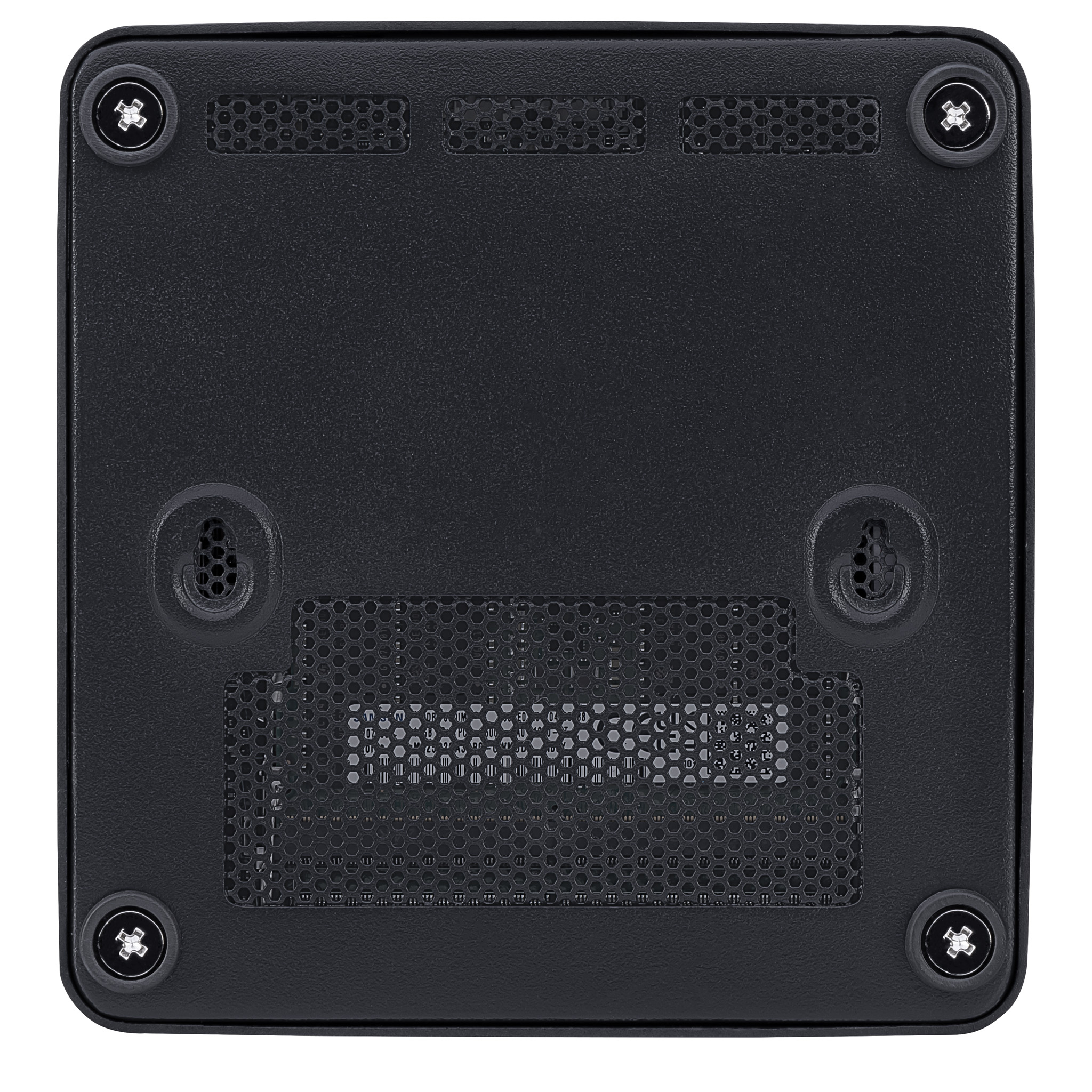 Spód czarnego urządzenia z otworami wentylacyjnymi i śrubami.