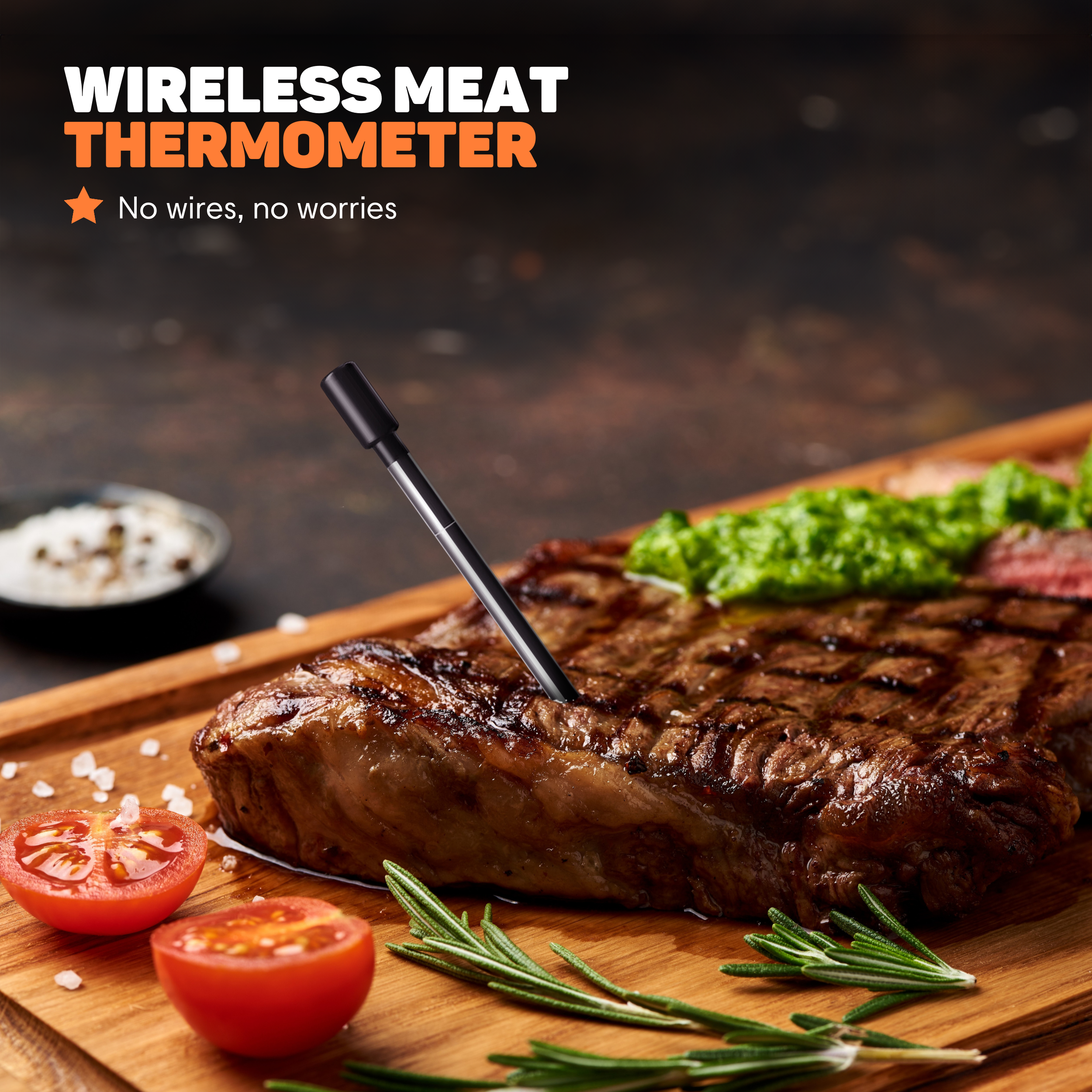 A wireless meat thermometer inserted into a grilled steak on a wooden board.