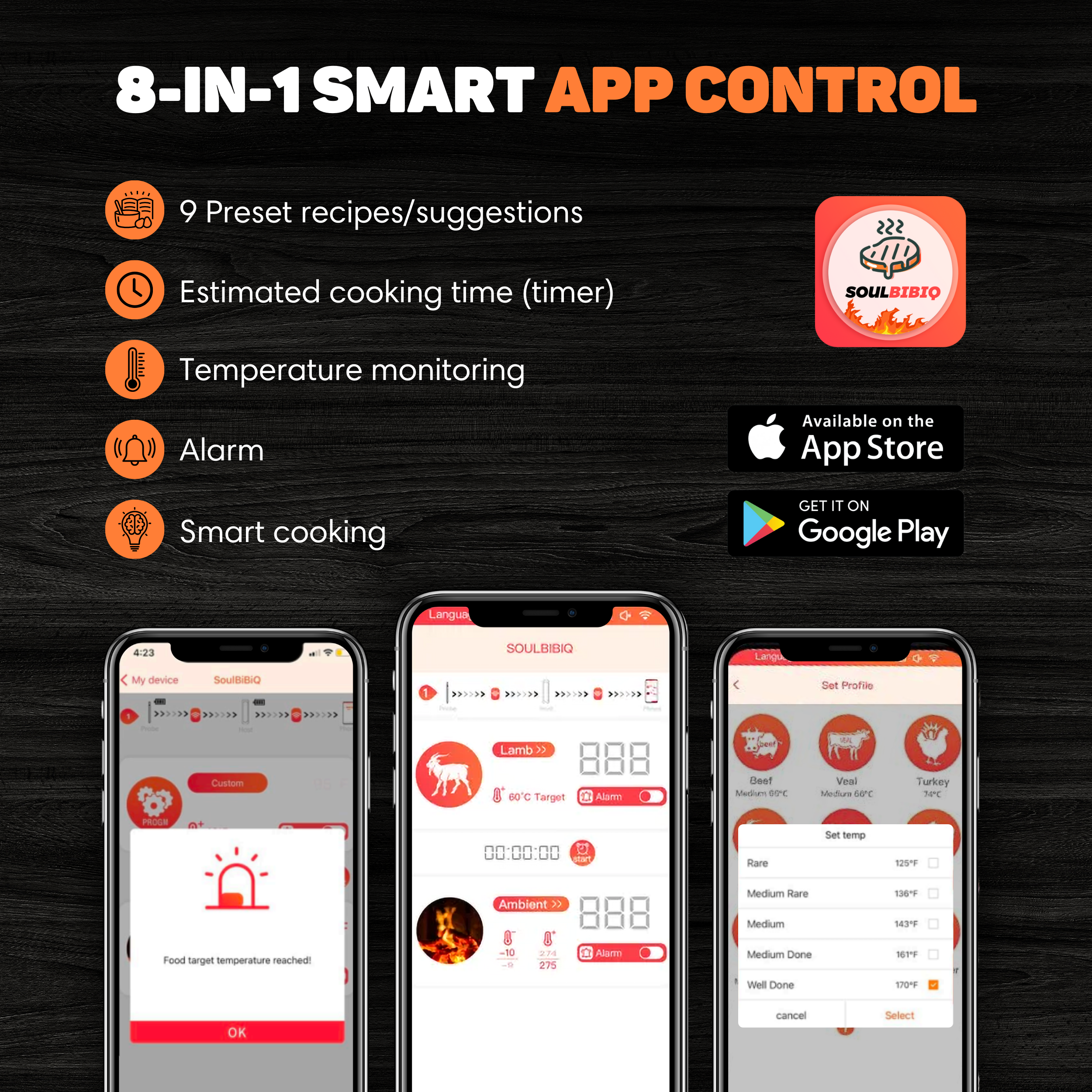 8-in-1 Smart App control with recipes, timer, temp monitoring, and alarm.