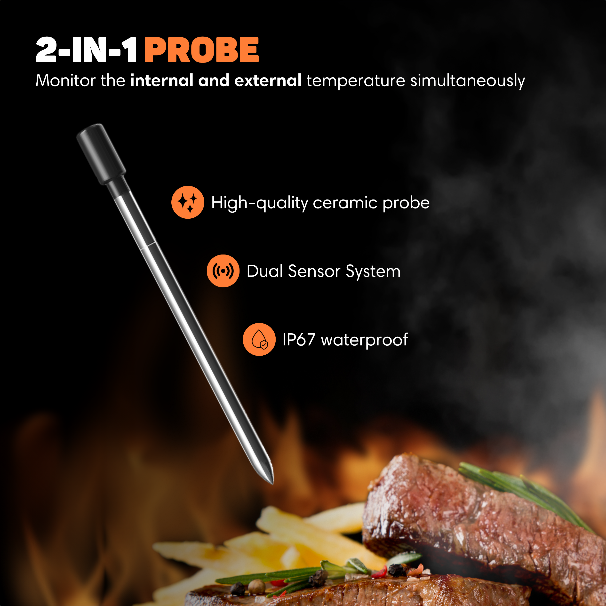 A 2-in-1 probe thermometer over grilled meat with flames.