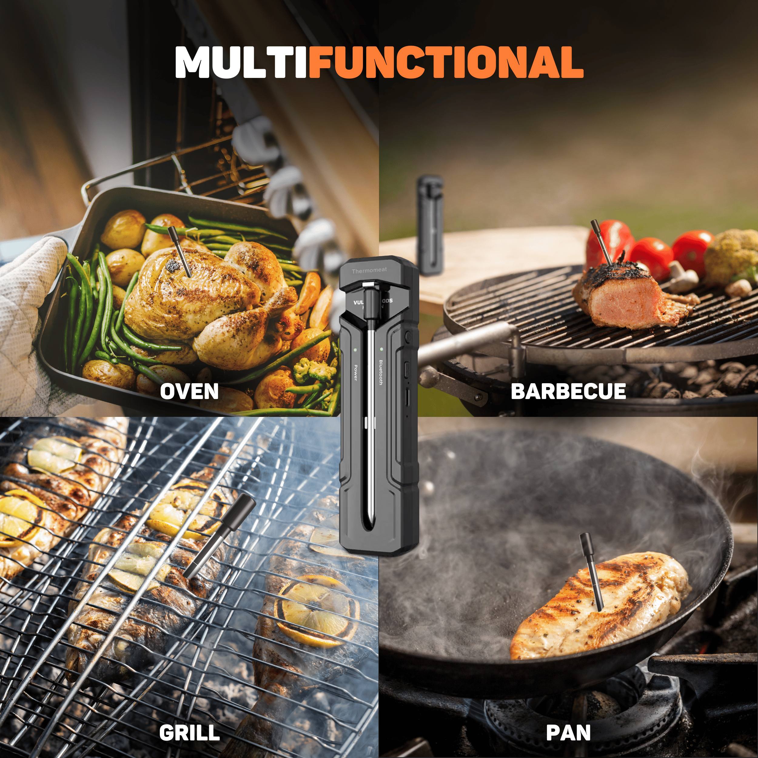 A multifunctional meat thermometer in action: roasting in oven, on barbecue, on grill, in pan.