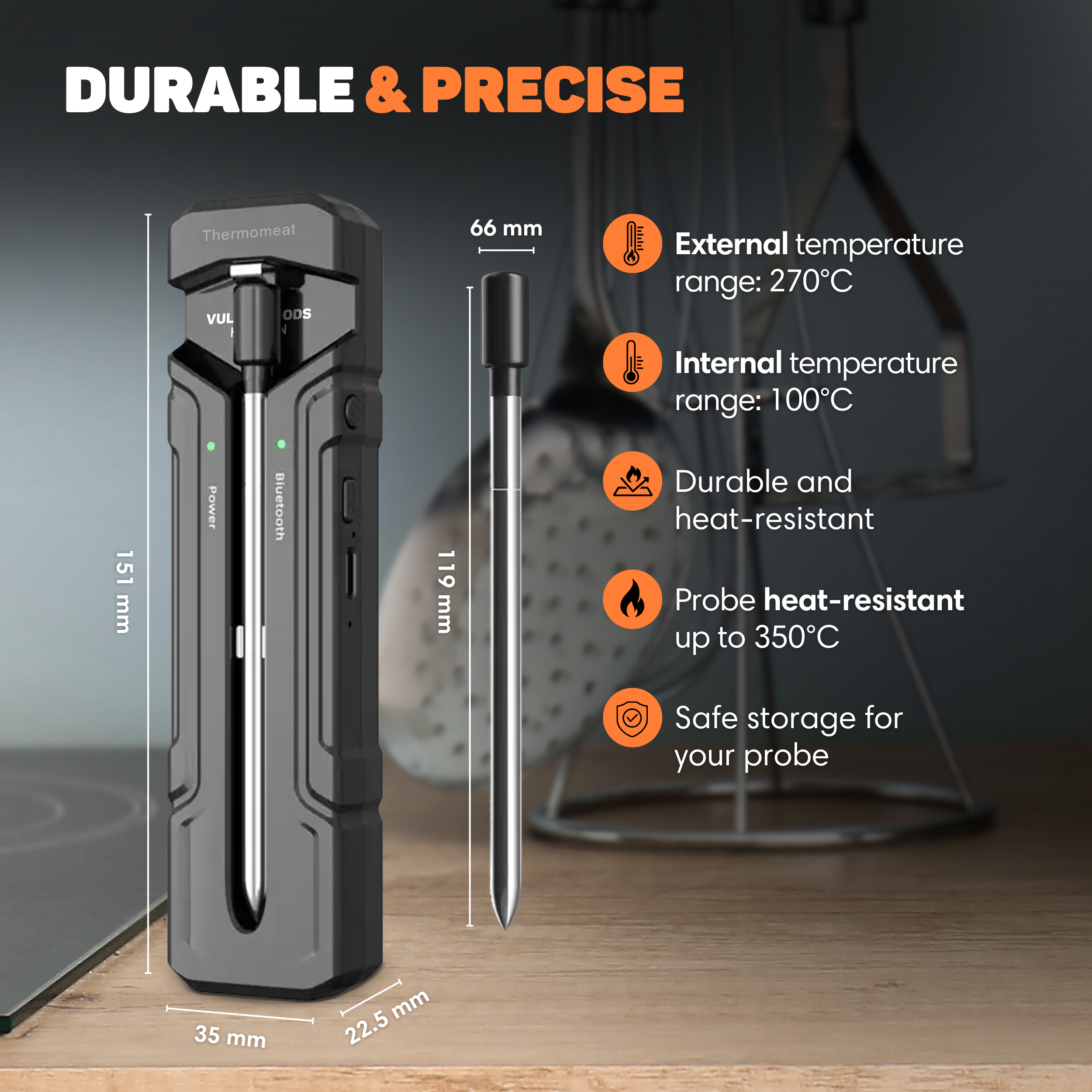 Dual thermometer with probe. Dimensions and temperature data are shown.