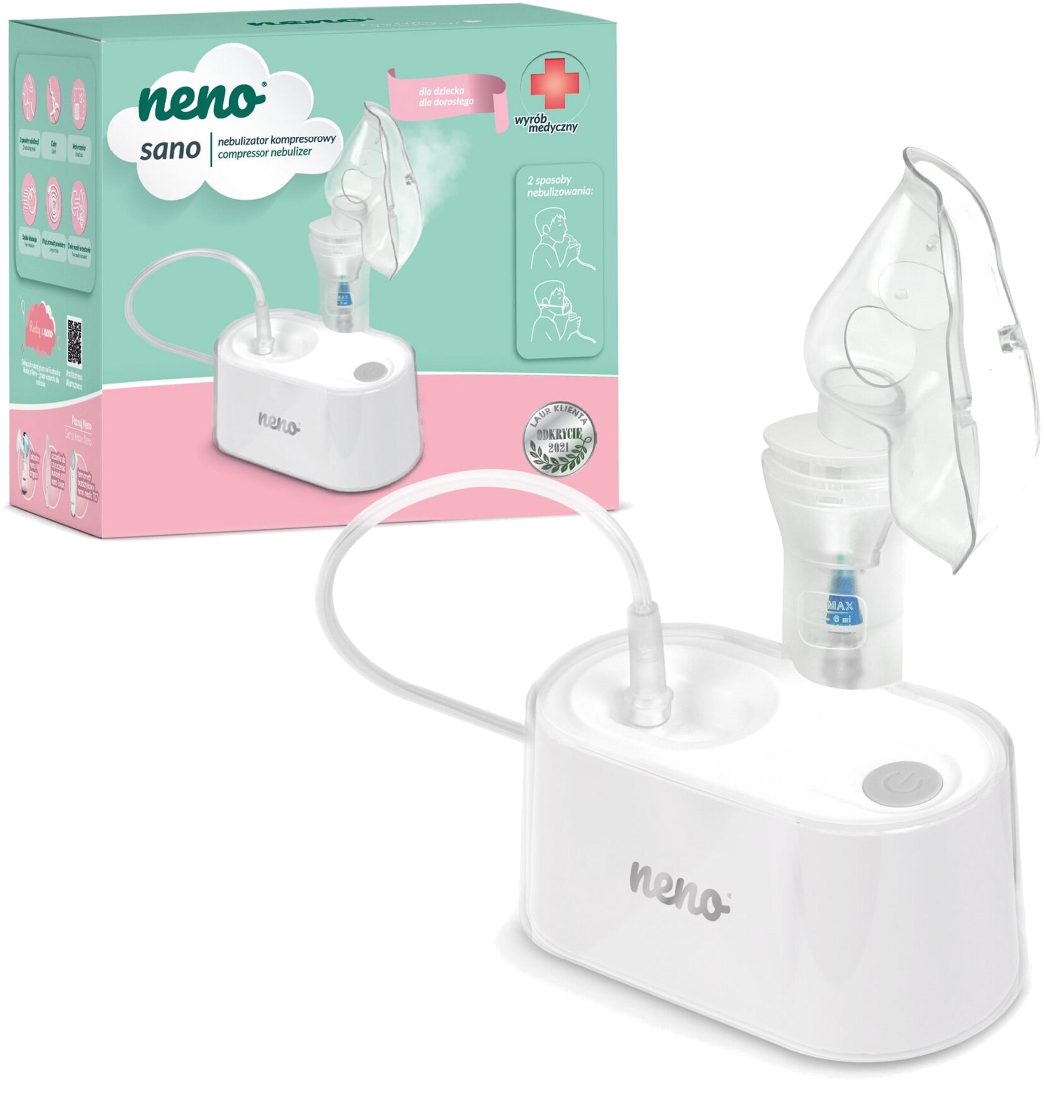 Biały nebulizator kompresorowy Neno Sano z maską i rurką, na jasnoszarym tle.