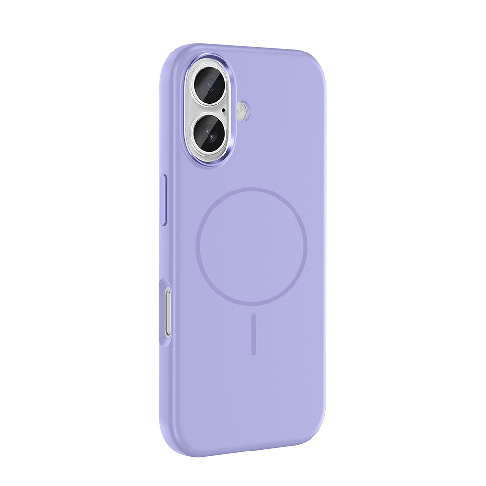 Çift kameralı ve manyetik şarj alanlı lavanta rengi telefon kılıfı.