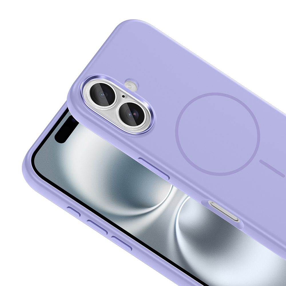 İki kamera lensli ve yuvarlak manyetik halkalı lavanta rengi telefon kılıfı.