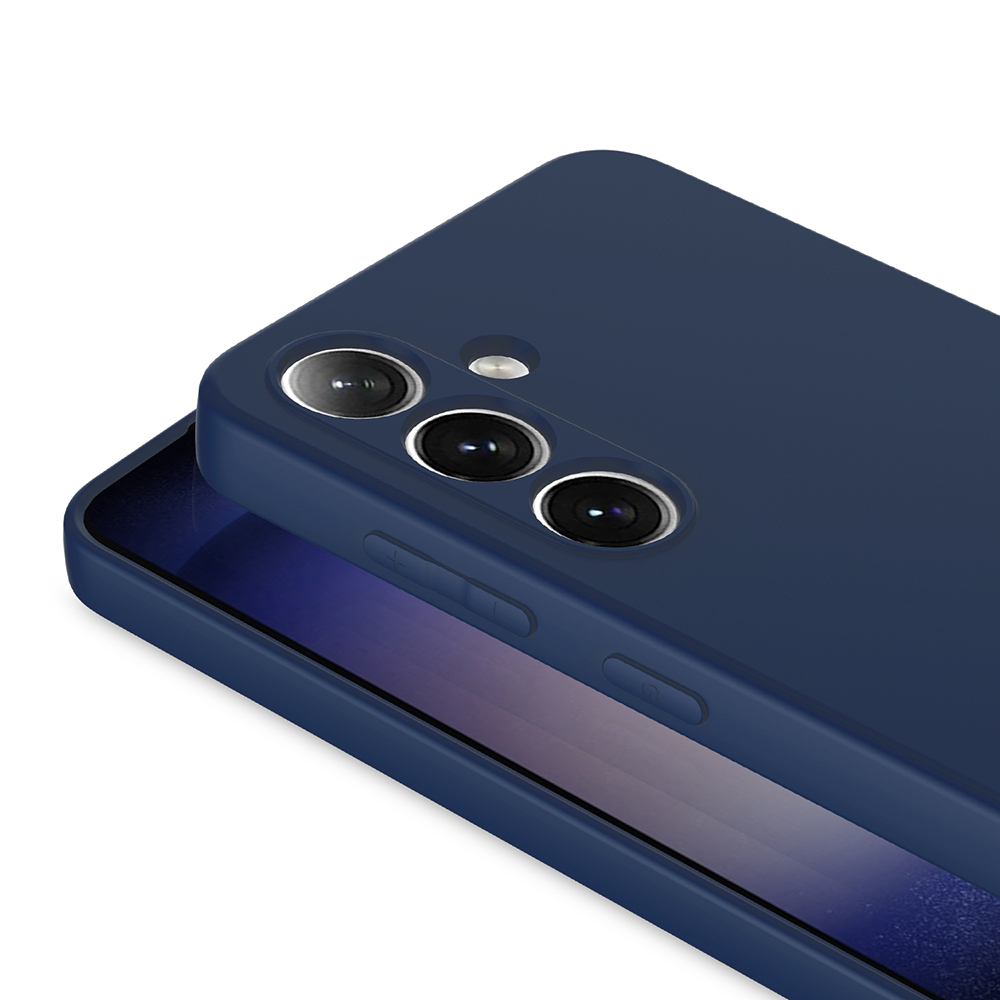 Üç kamera lensli ve ses düğmeli lacivert telefon kılıfı.