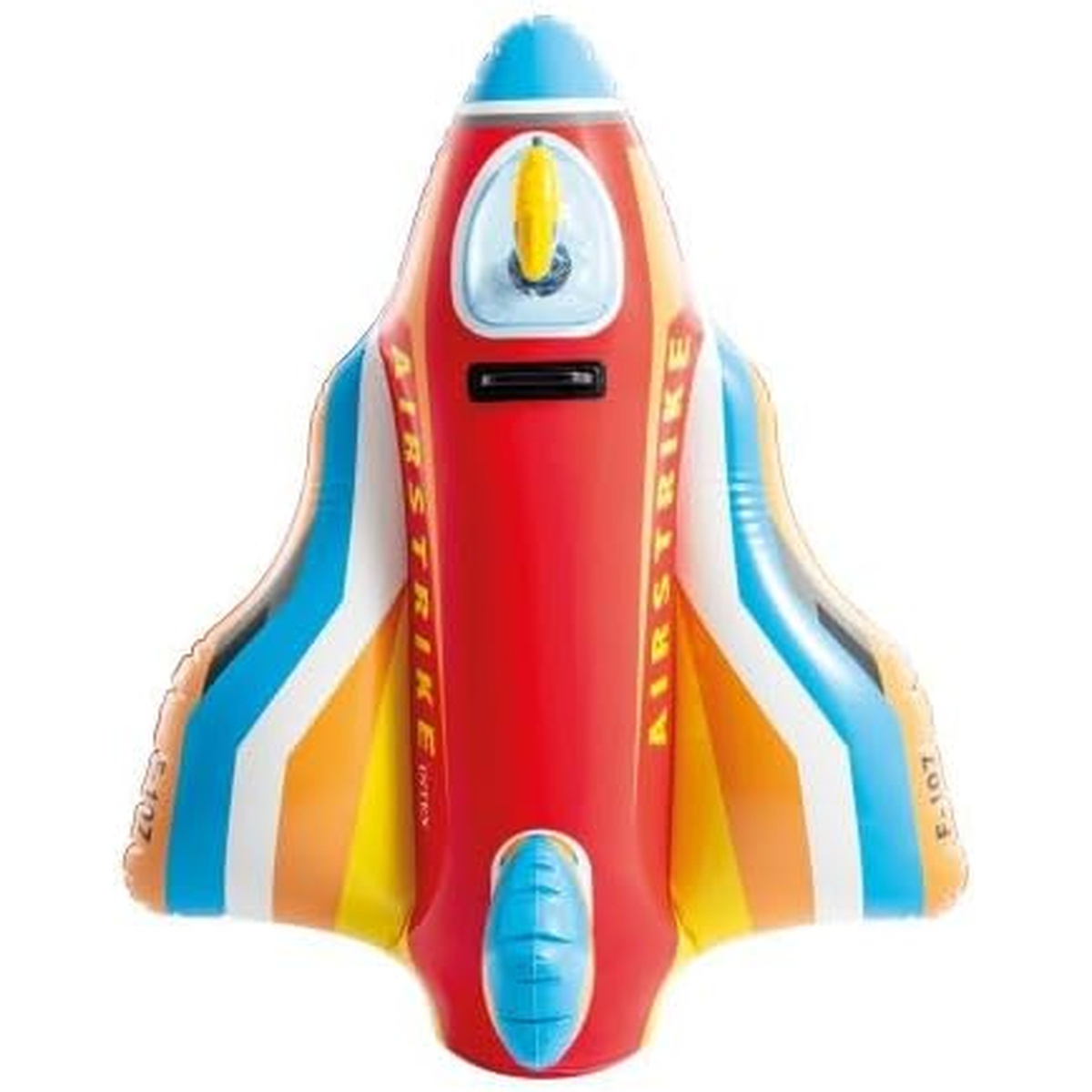 Rotes aufblasbares Raketenspielzeug mit blauen und orangen Flügeln.