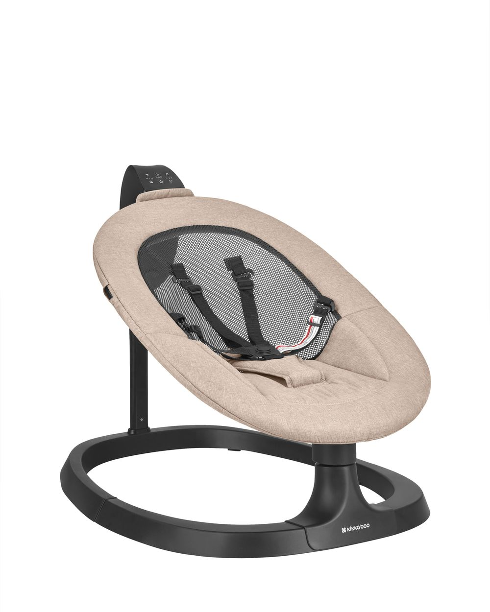 Ein beiger Babywippenstuhl mit schwarzem Gestell und Gurten.