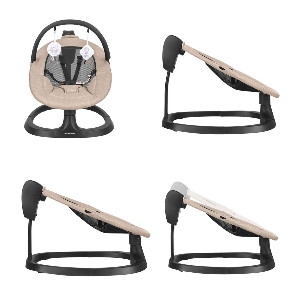 Ein beiger Babywippen-Schaukelstuhl mit schwarzem Gestell, von vorne und von der Seite.