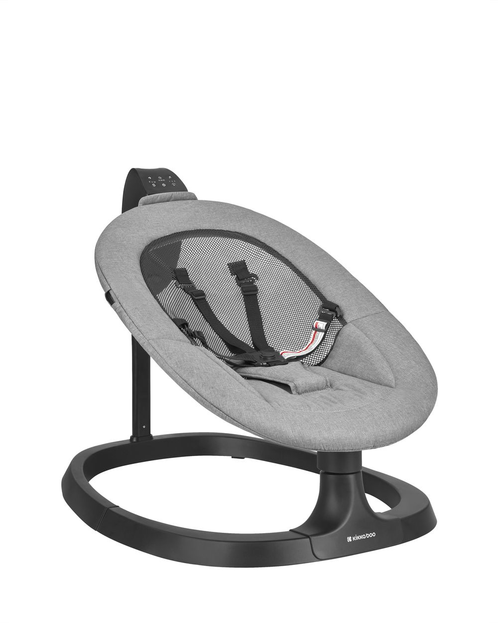 Grauer Babywippenstuhl mit schwarzem Sockel und Gurten.