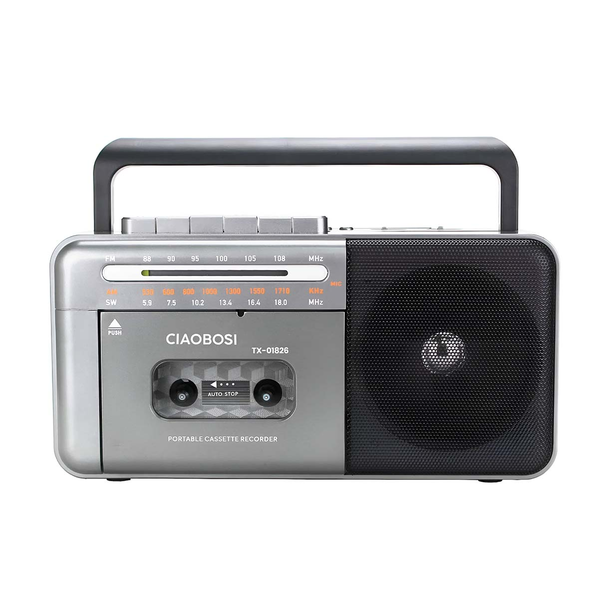 Ein silberner Kassettenspieler mit Radio und Tragegriff.