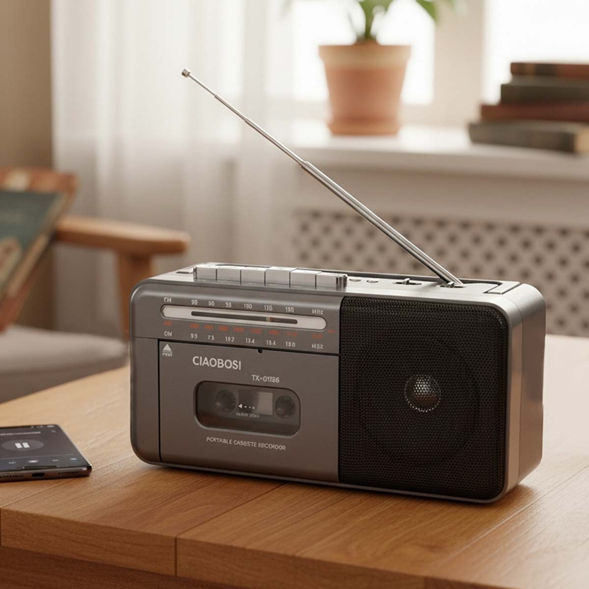 Grauer Kassettenrekorder mit Radio auf einem Holztisch.