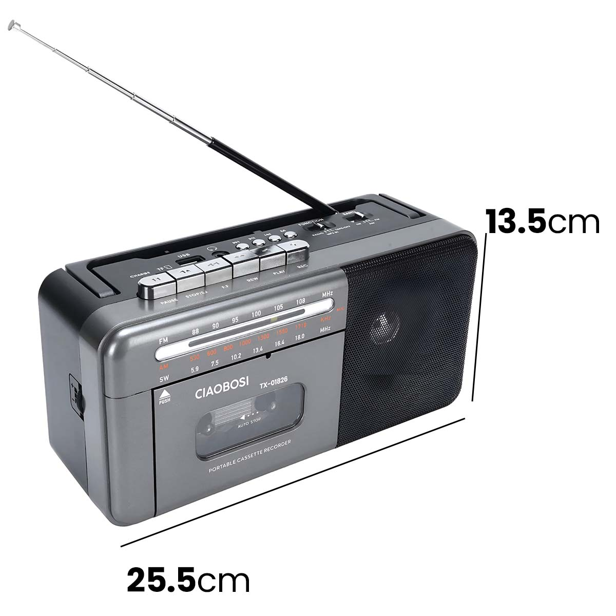 Grauer Kassettenrekorder mit ausziehbarer Antenne und Bedienelementen.