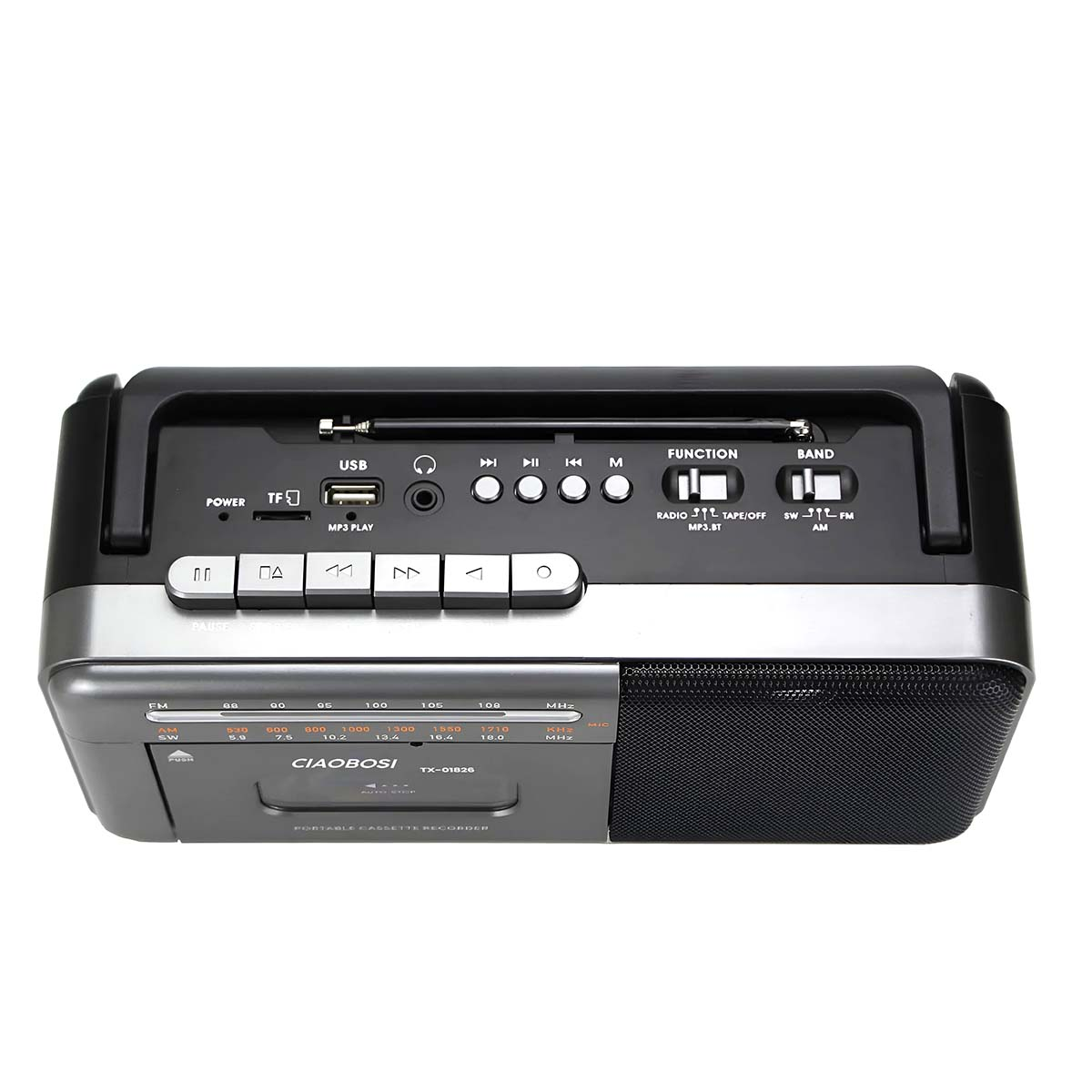 Tragbarer Kassettenrekorder mit Radio, USB, TF-Karte und MP3-Wiedergabe.